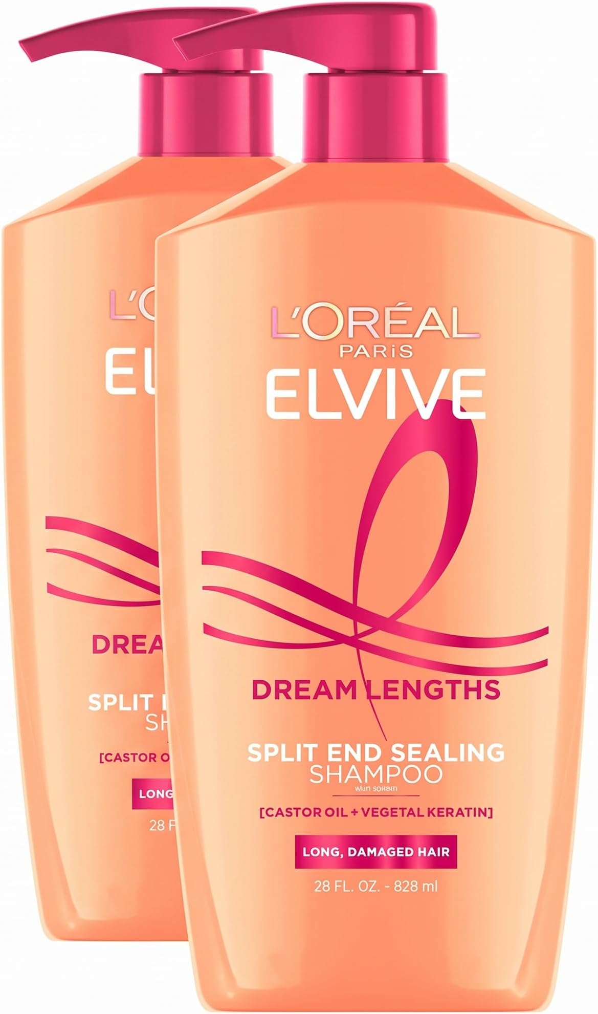Elvive Dream Lengths Restoring Shampoo With Fine Castor Oil and Vitamins B3 and B5 for Long, Damaged Hair, Visibly Repairs Damage Without Weighdown With System, 28 Fl Ounce (Pack of 2)