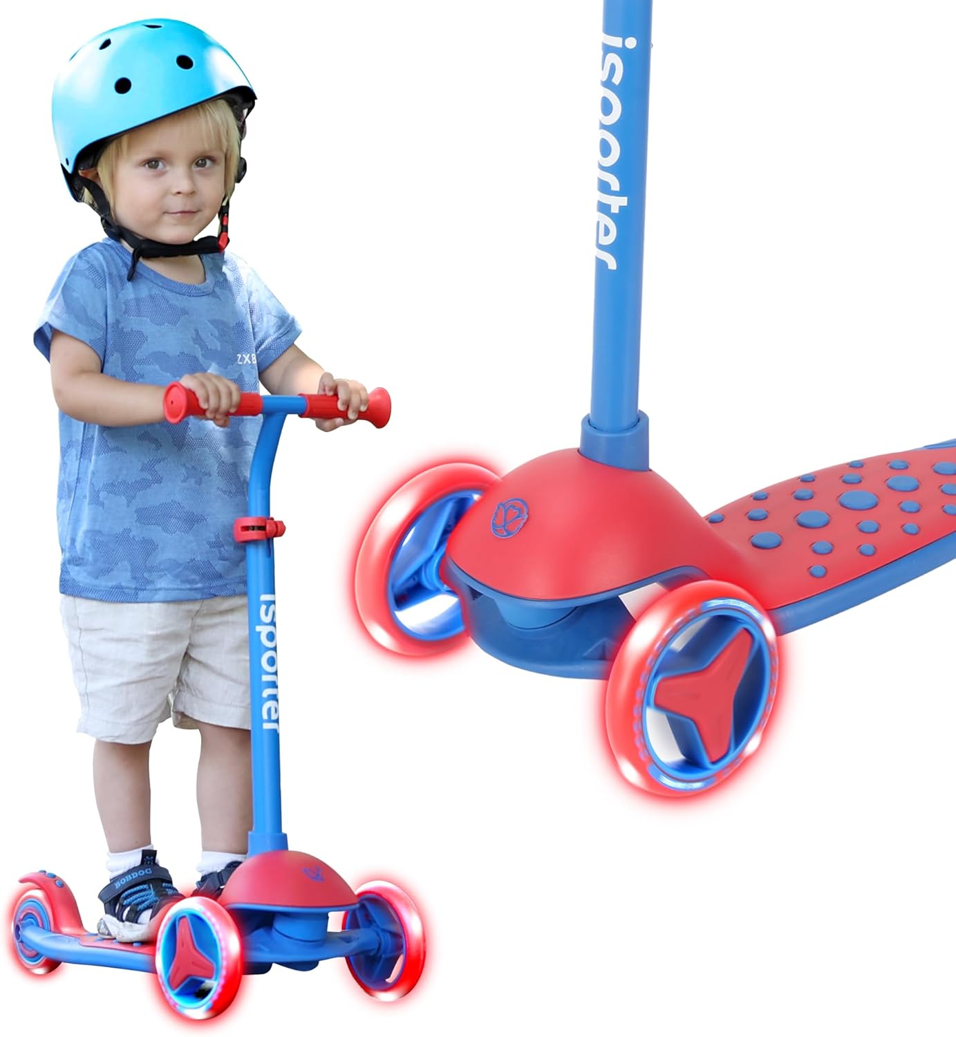 iSporter 3-Wheeled Toddler Scooter for Kids Ages 2-5, Toddlers Age 3-5 Year Old Boys and Girls- Kid Three Wheel Scooters with LED Light Up Wheels, Lean to Steer, and Height Adjustable M3Z-B/R