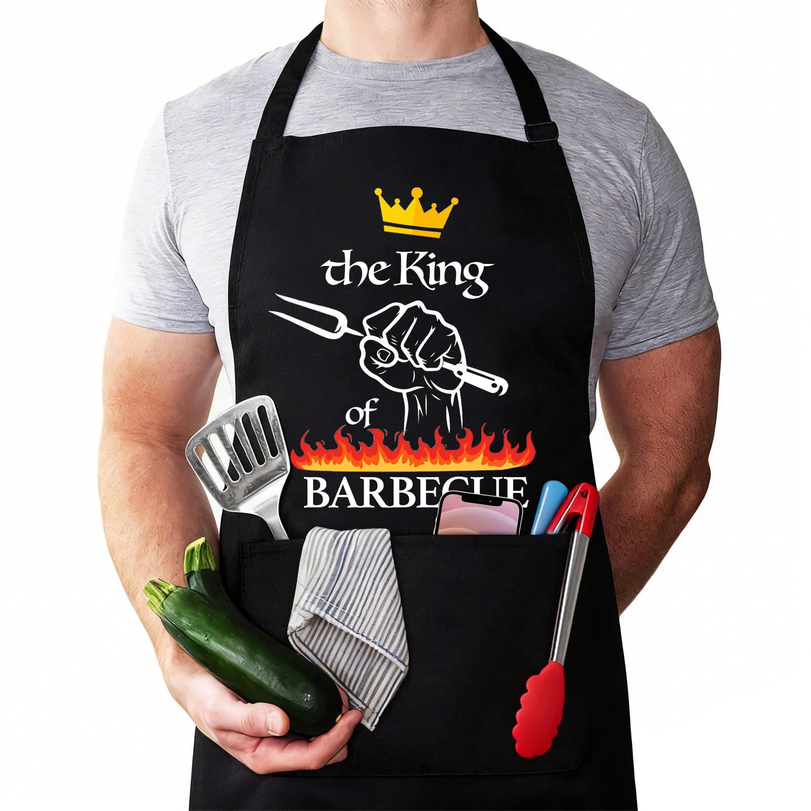 WGIJXA Delantal Cocina Barbacoa Hombre Personalizado, Delantal Barbacoa Hombre Divertido Negro Profesional, Mandiles de Cocina gracioso 2 Bolsillo - 1