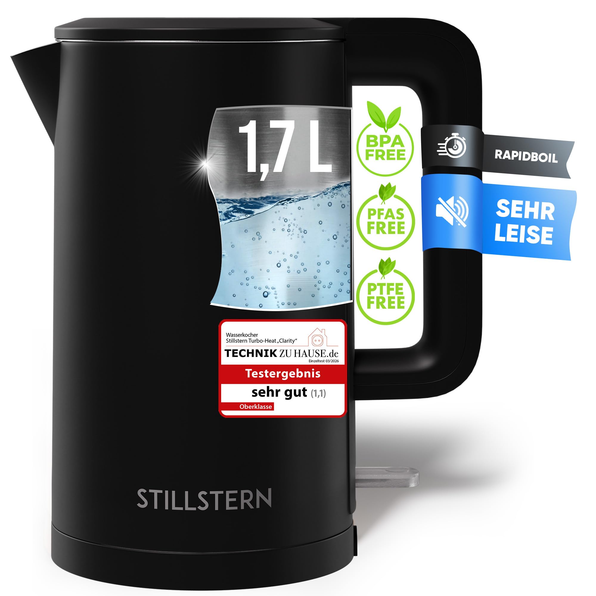 Stillstern Wasserkocher mit Edelstahl Filter [PFAS&PTFE-FREI, 1,7L — 2200W] Wasserko