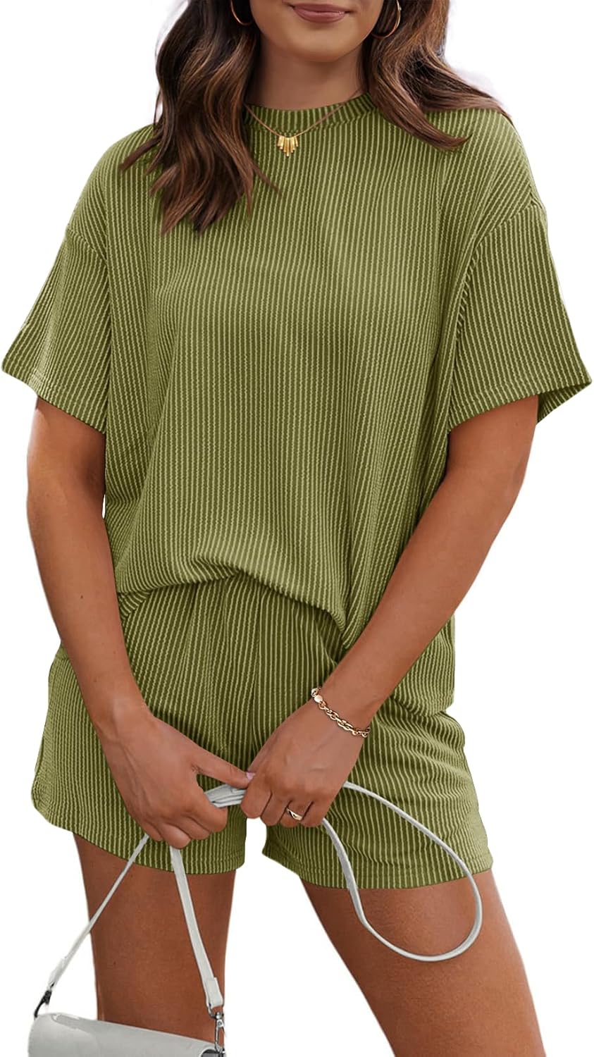 RUBZOOF Women's 2 Piece Sets Short Sleeve Outfits Ribbed Textured Knit Lounge Shorts Set Oversized Tracksuit Matching Sets