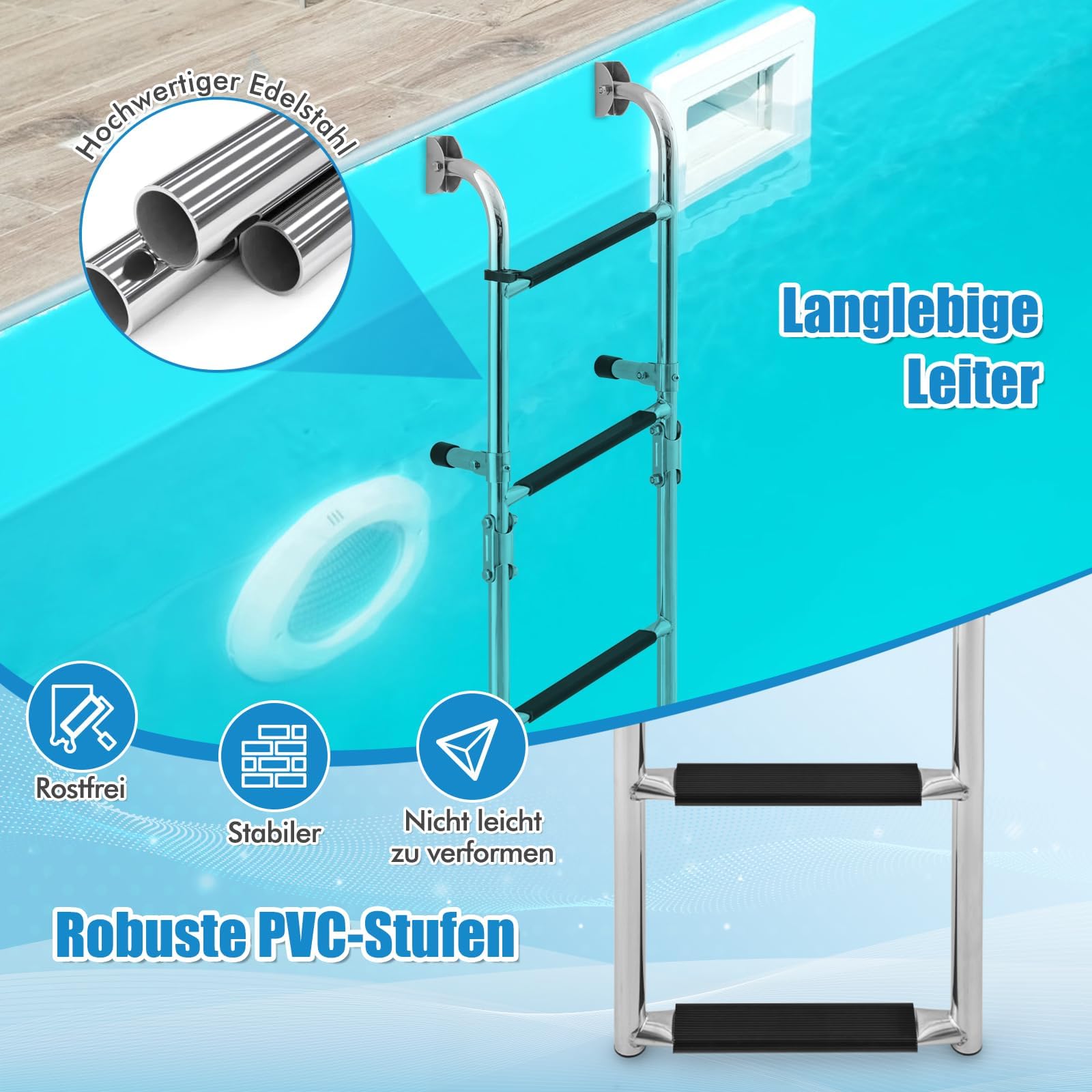 FANTASK Échelle de Piscine avec Arceau - Échelle de Bateau Pliable avec 4 marches antidérapantes - Échelle de Bain en Acier Inoxydable - Jusqu'à 227 kg