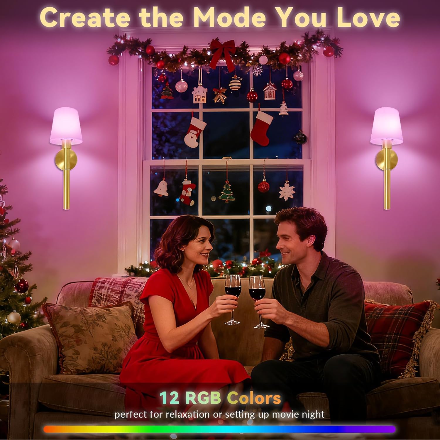 Battery Operated Wall Sconce, Wireless Wall Lamp Set of 2 RGB Dimmable Rechargeable Wall Lights with Bulbs and Remote, 12 Colors Gold Wall Sconces for Bedroom Nightstand Living Room Hallway