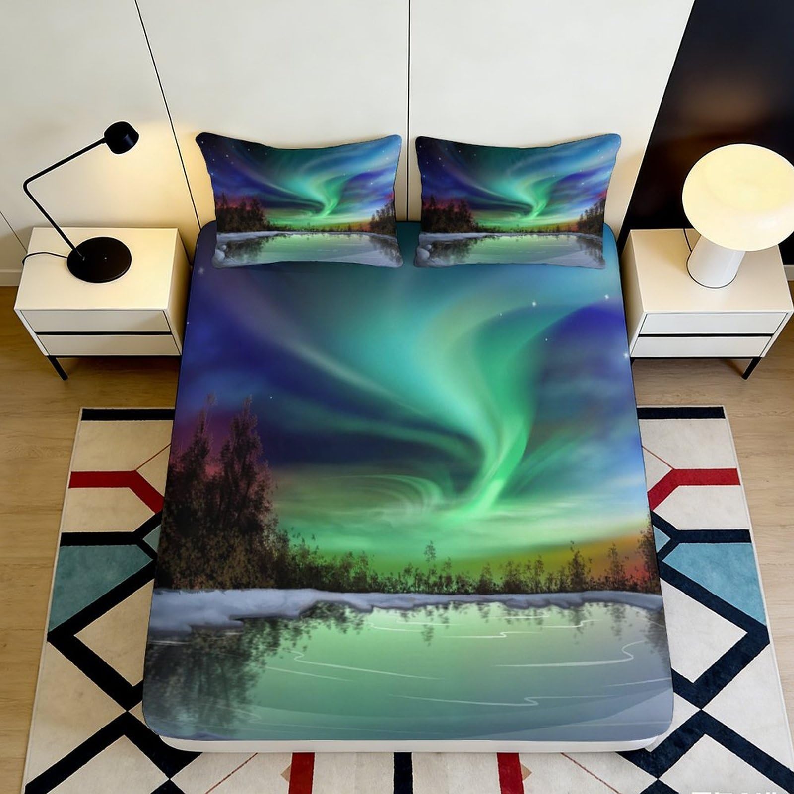 3D Printed Aurora Borealis Fitted Sheet Microfiber Soft Breathable Northern Lights Mattress Cover for Bedroom Dorm Decor 90x200x25cm