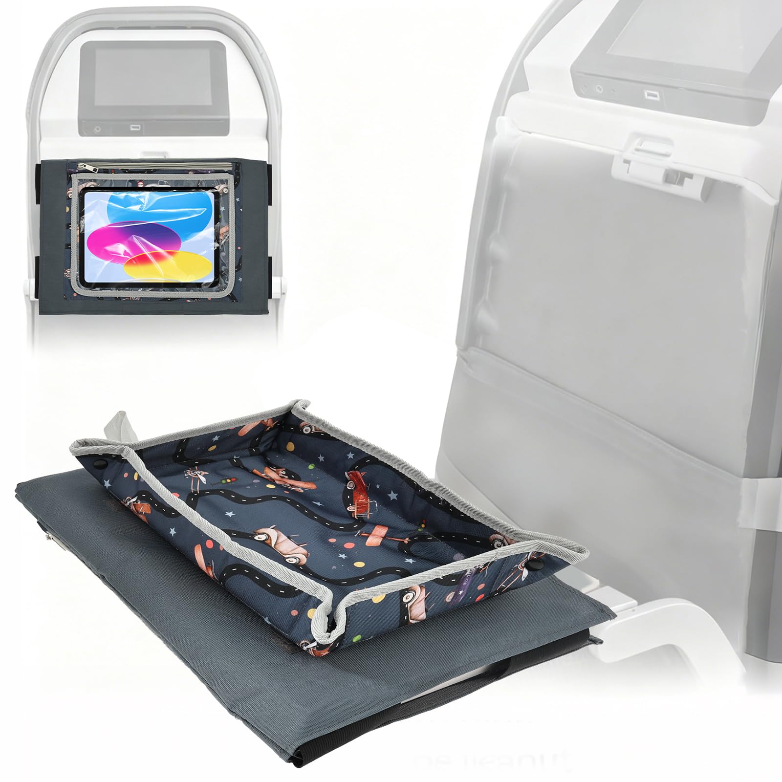 Kids Airplane Tray Table Cover with Tablet Holder | Toddler Travel Essential Activity Lap Tray for Flying, Train & Car Trips | Fabric Pockets & Waterproof Surface, Mess-Free Activity Organiser(Racing)