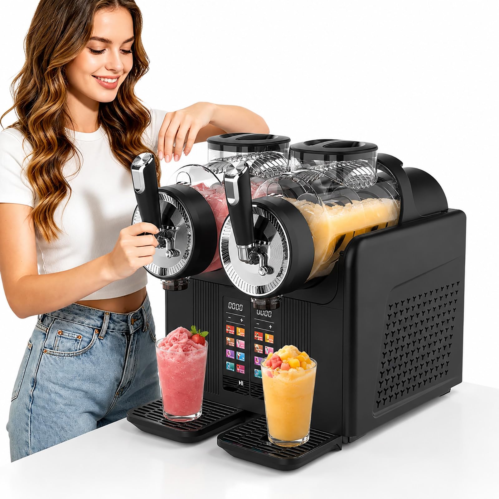 RoyceBee 2 * 2L Frozens Drink Maker, Home and Commercial Slush Machine with Touch Screen Control, Adjustable Slush Texture Settings, Countertop Beverage Machine for Making Fresh Frozens Drinks Black