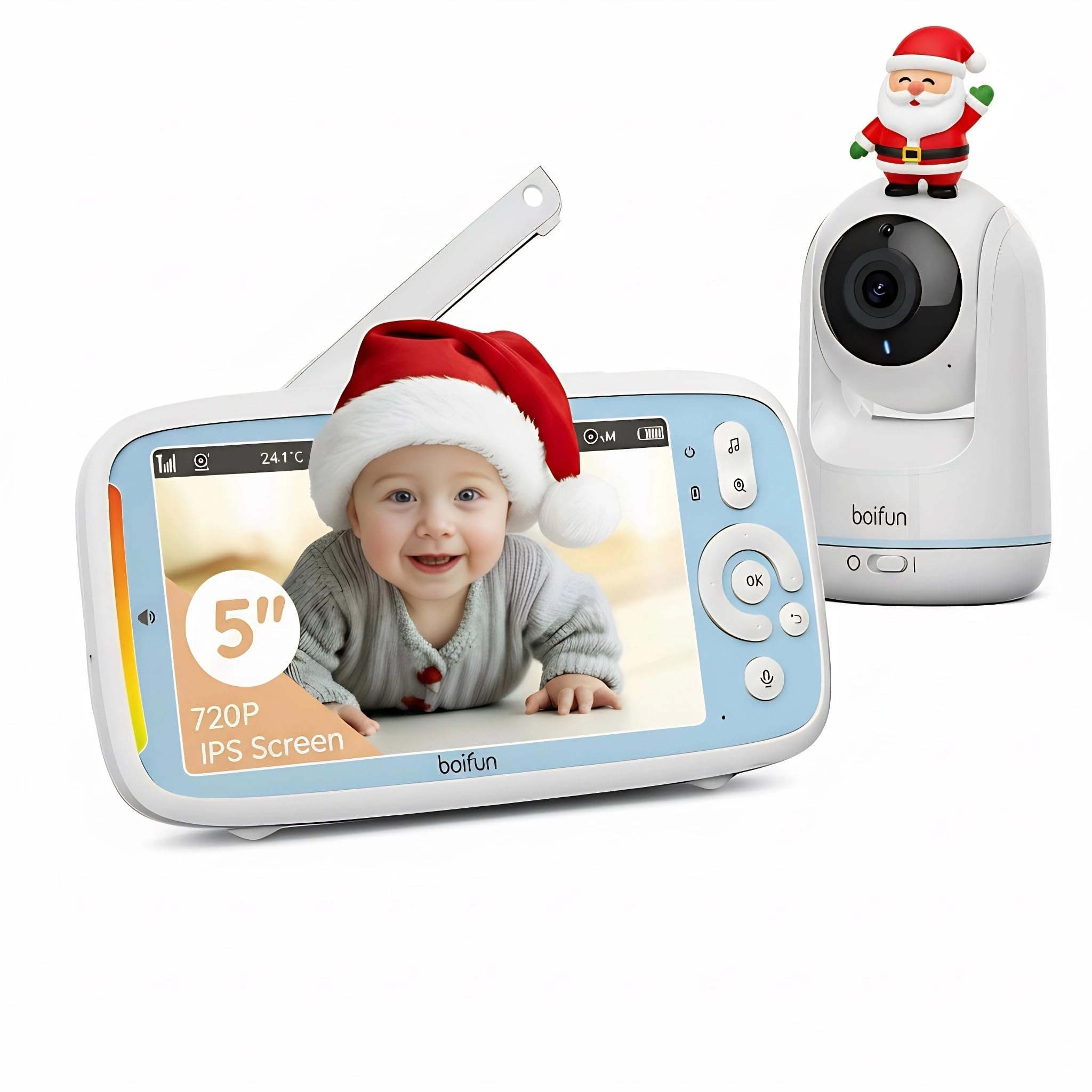 Boifun Baby Monitor con Telecamera Rotante 360° HD, Schermo IPS 5”, Audio Bidirezionale, Rilevamento Temperatura, Batteria 3050mAh, Zoom 3X, Visione Notturna,Modalità VOX, Ninne Nanne per Neonati