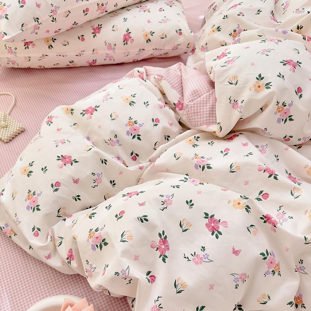 AShanlan Juego de ropa de cama de algodón de 155 x 220 cm, diseño floral, color blanco y rosa, con cremallera, reversible, incluye 1 funda nórdica de 155 x 220 cm y 1 funda de almohada de 80 x 80 cm