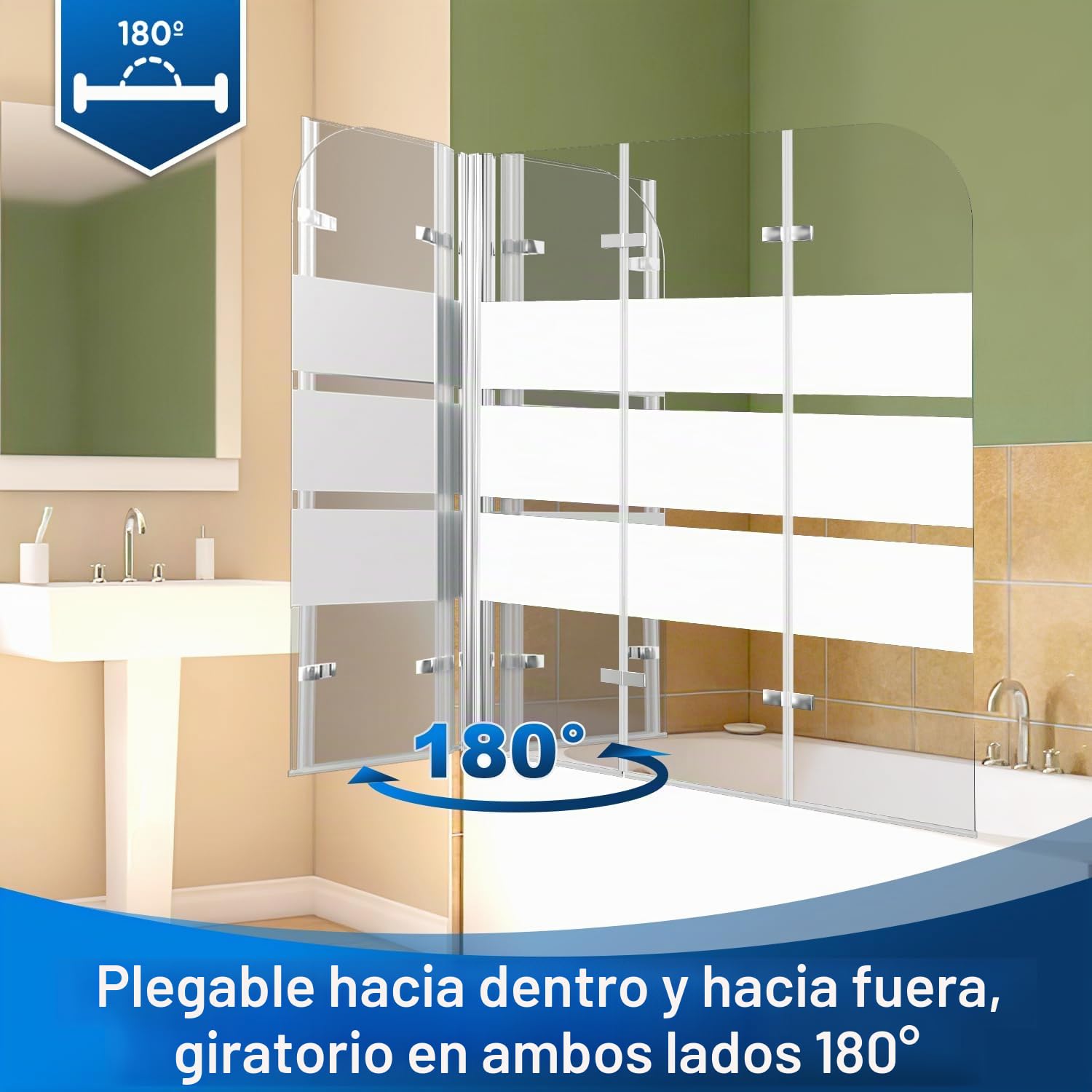 Mampara de ducha para bañera de 120 x 140 cm, 3 piezas de cristal
