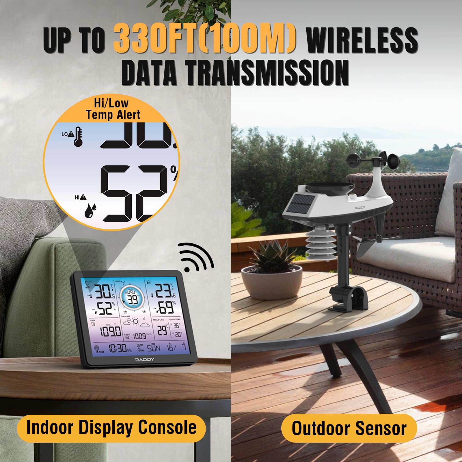 Raddy VP7 Stazione meteorologica, Termometro wireless per interni ed esterni, 7,4'' display digitale a colori, Monitor di temperatura e umidità, Previsioni del tempo & Pressione barometrica