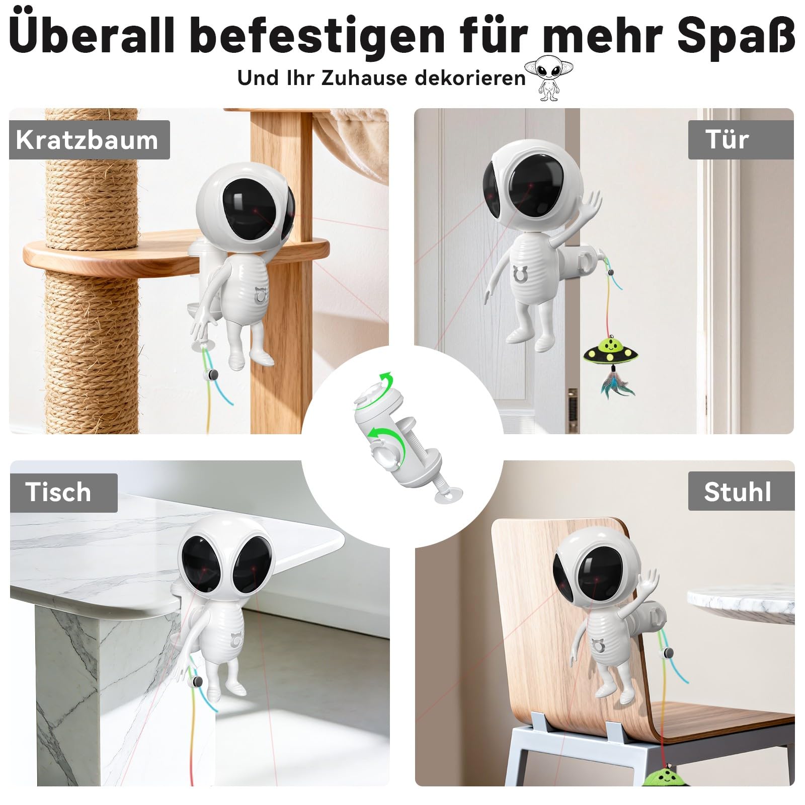 GoldenSun Interaktives Katzenspielzeug, 2-in-1 Automatisch mit Dual-Projektion & Katzenminze-UFO-Anhänger für Wohnungskatzen, Bewegungsaktiviert, Wiederaufladbar, 4 Spielmodi, Klemmbefestigung, Weiß