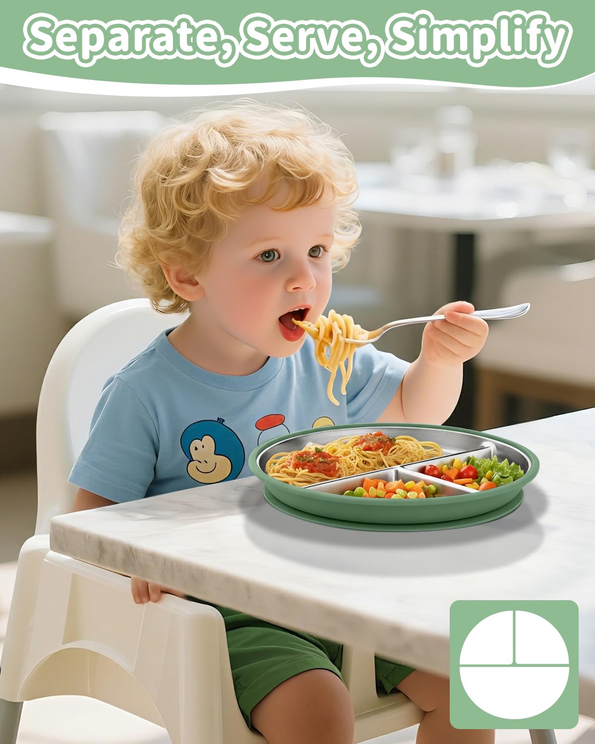 2 piatti per bambini in acciaio inox con grande ventosa, diametro 20 cm, con custodia in silicone rimovibile, lavabili in lavastoviglie, atossici e senza BPA (verde bianco)