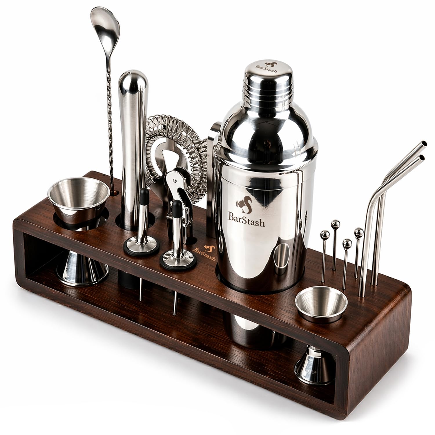Premium Bartender Kit: set di 17 attrezzi con supporto in bambù, set perfetto per cocktail da bar, bicchieri con cannucce in acciaio inox per una grande esperienza di miscelazione delle
