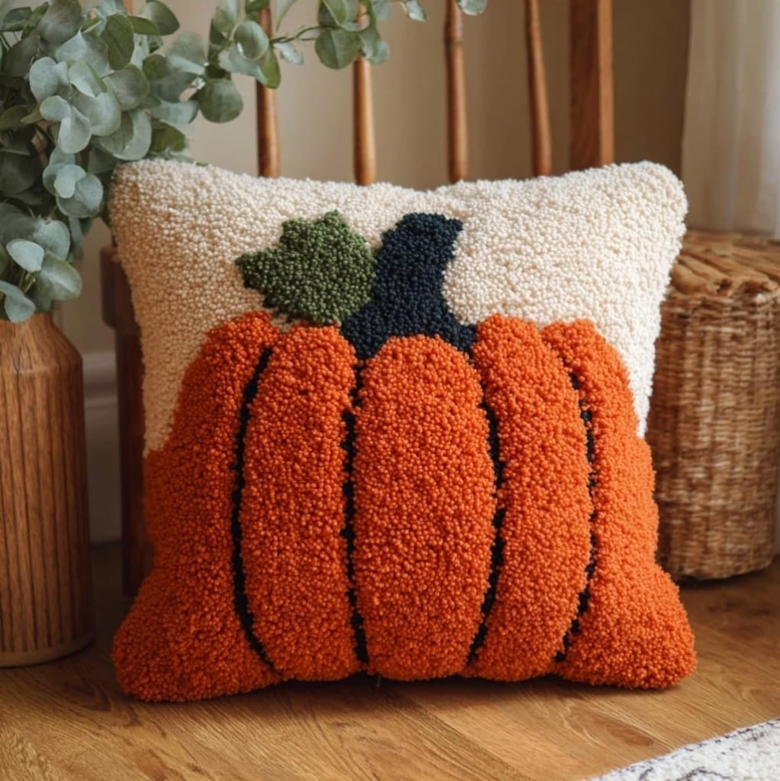 AxiangziK DIY Latch Hook Kits 43x43cm,Pumpkin Latch Hook Embroidery Kits Cross Stitch Sofa Cushion Cover with Tool fit for Beginner and Adults