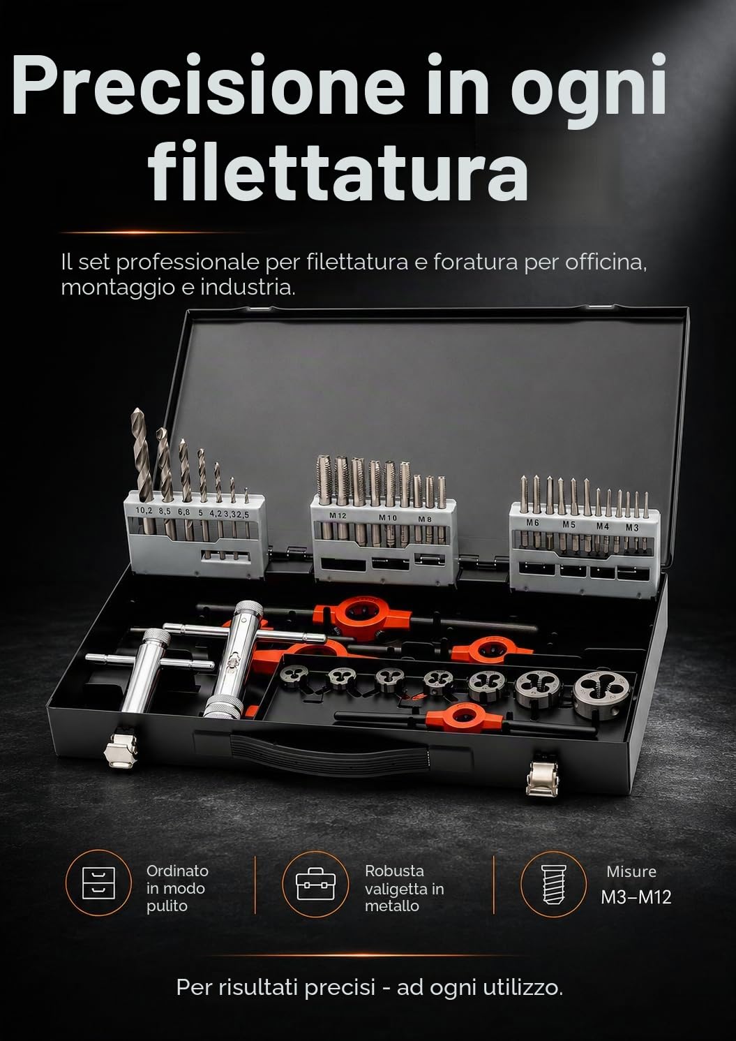 BAER Set di maschietti M3 – M12, HSS, file, utensili per filettatura, set di filettatura, maschio