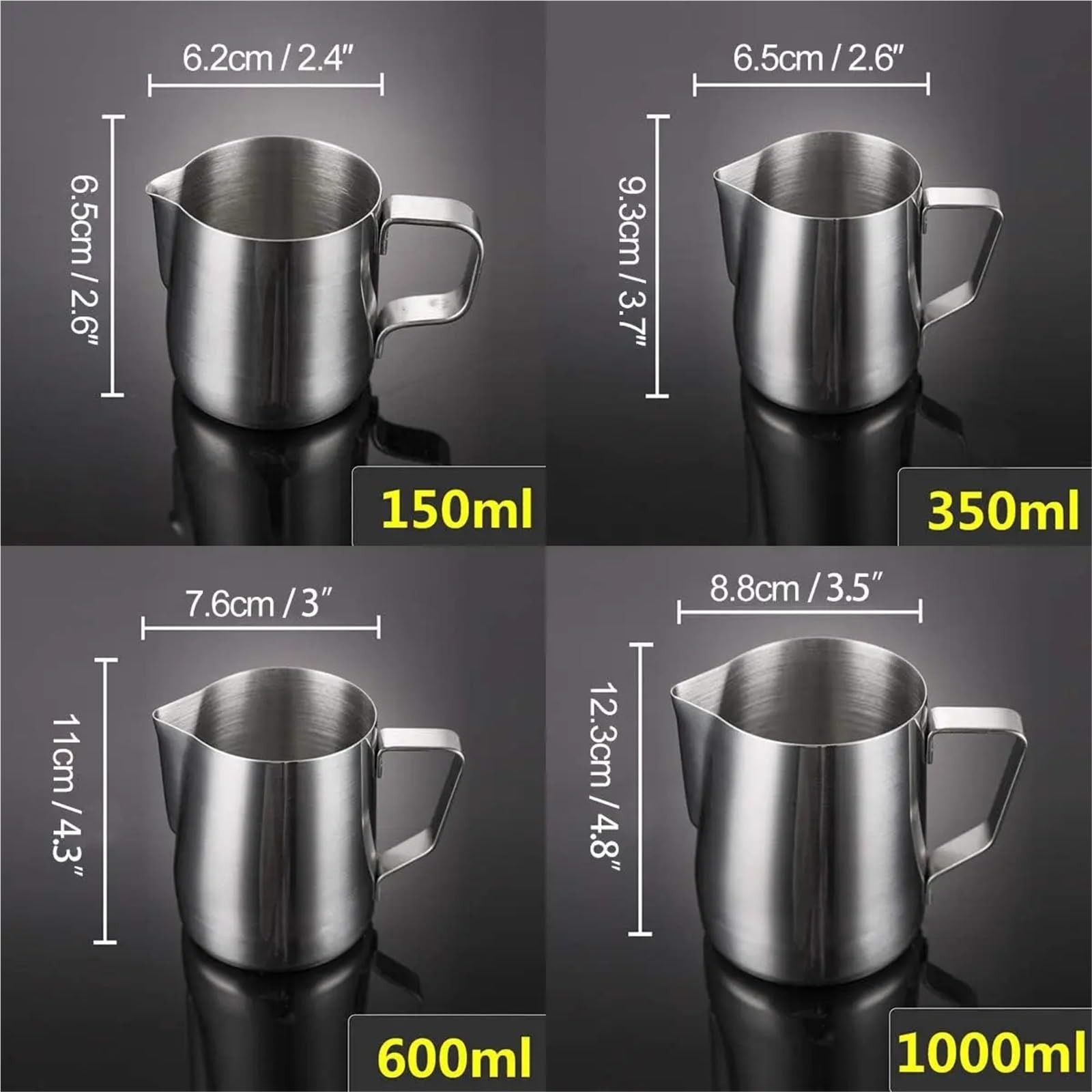 Jarras de leche de acero inoxidable, jarra artesanal for espumar leche, café, Latte, espuma, arte, tazón taza, 2 uds. Para café(1000ml)