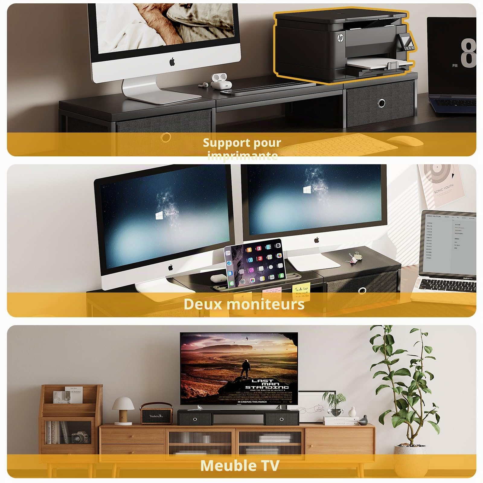 Double support pour moniteur avec 2 tiroirs – Support de ordinateur pour 2 moniteurs, organiseur de bureau en bois parfait pour bureau à domicile