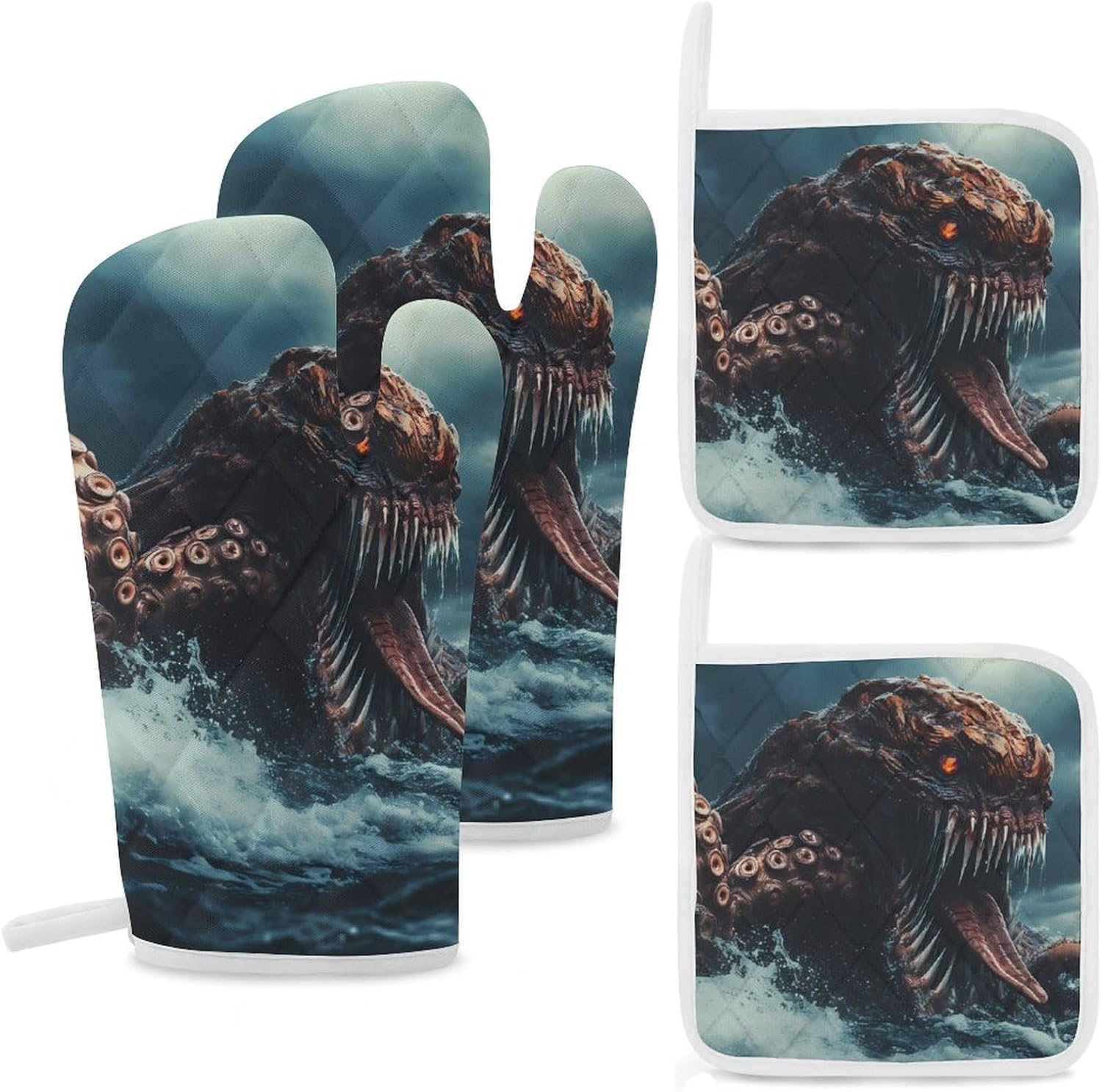 Sea Monster Monstrous Tentacles Oven Mitts and Pot Holders 4Pcs Set Heat Resistant Cooking Mitts Hot Pads