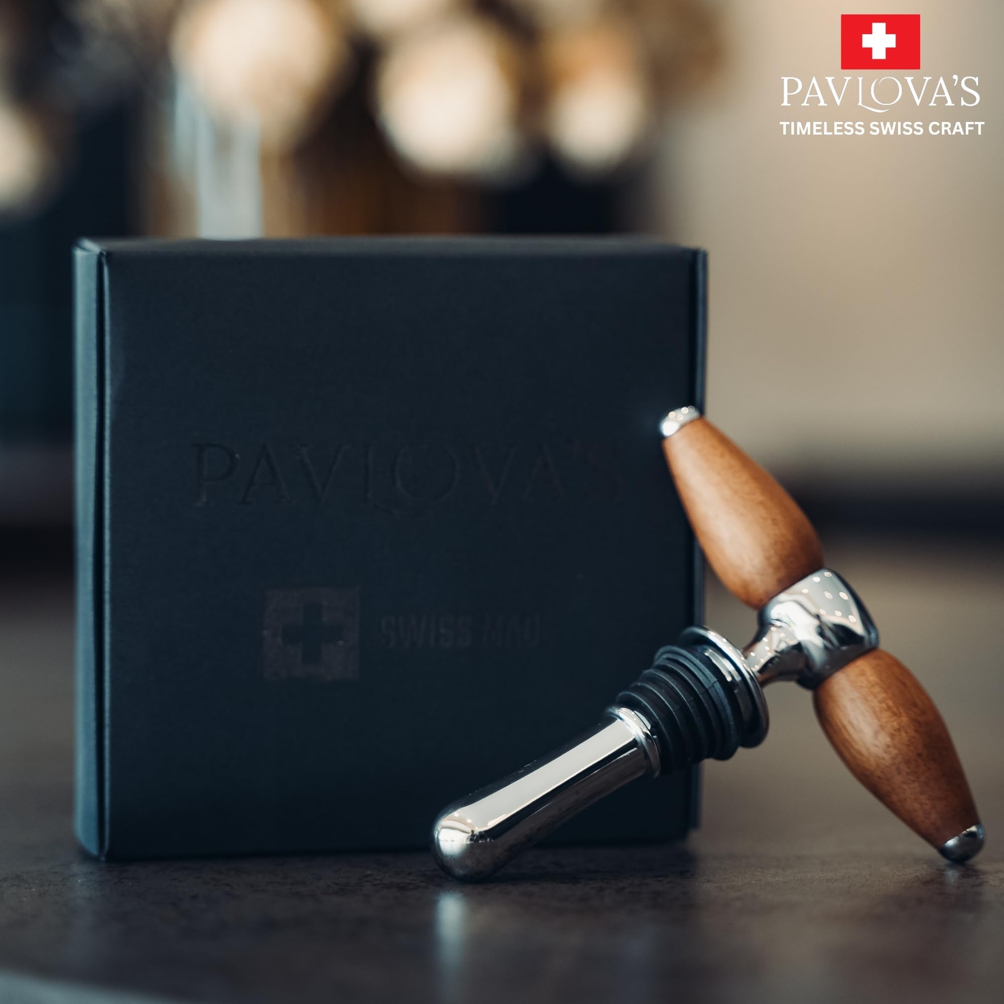 PAVLOVA’S Schweizer Korkenzieher & Flaschenverschluss Set 2-in-1 aus Walnussholz – Edelstahl – Vintage Design – Sicherer Flaschenverschluss – Geschenkbox – 10 Jahre Garantie – Limitierte Edition