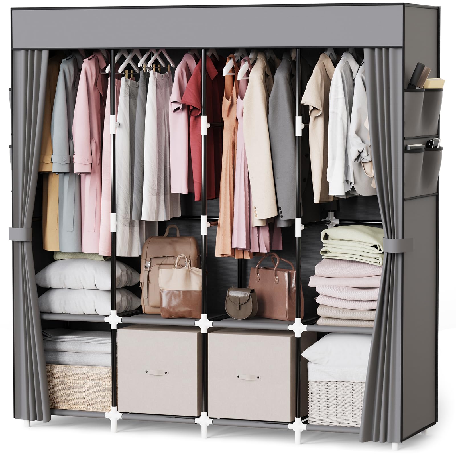 Mavivegue Portable Closet Wardrobe, Clothes Organizer with 4 Hanging Rods, Non-Woven Fabric Cover, Large Capacity Storage for Bedroom and Living Room,