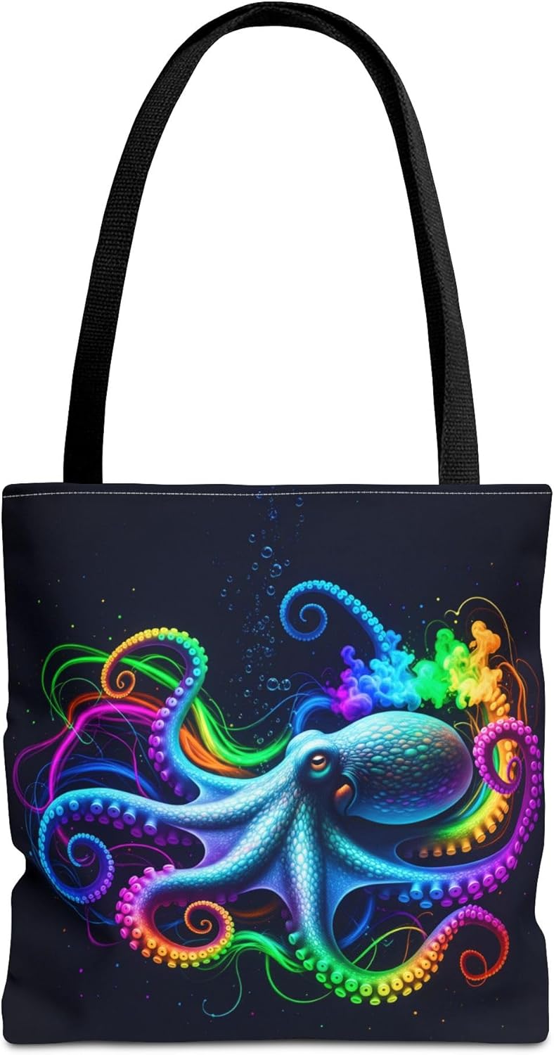 Premium Tote Bag with Reinforced Stitching - Neon Octopus Glowing in Rainbow Ink