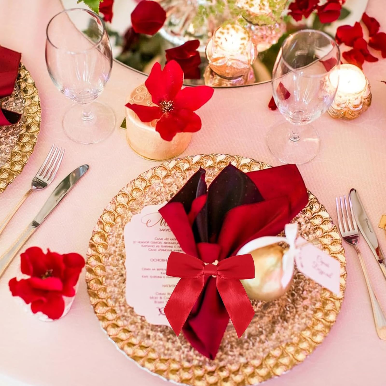 50 Nœuds En Satin Rouge Avec Attache – Déco Cadeau, DIY, Noël, Mariage, Fixation Facile