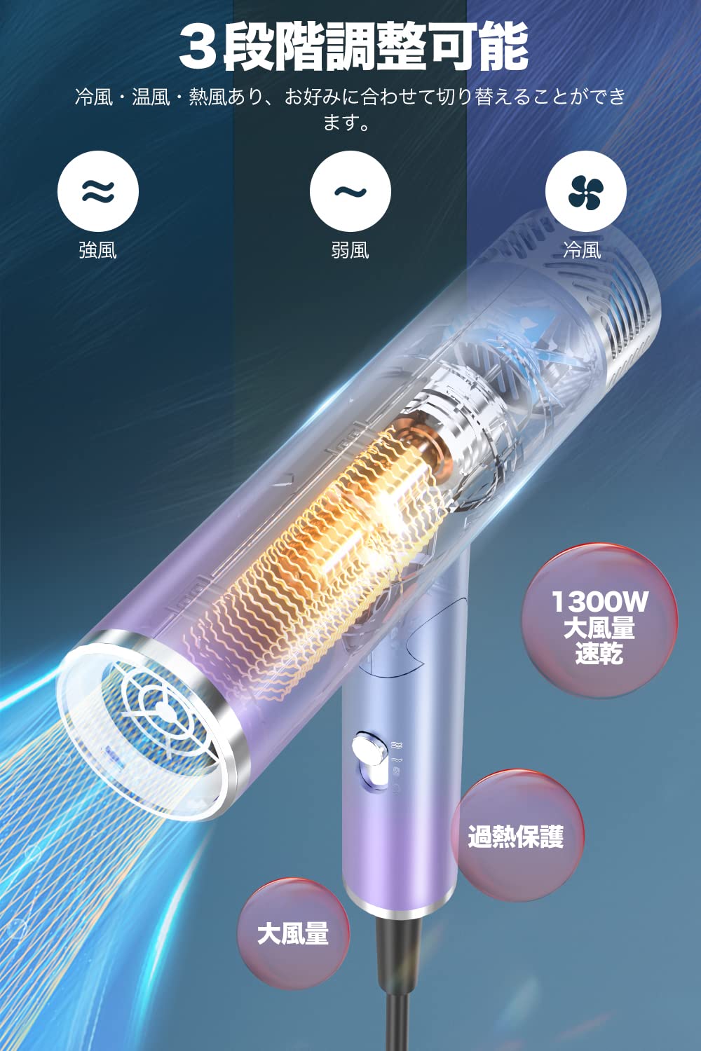 Amazon | ヘアドライヤー 14m/s大風量 速乾 ドライヤー 折りたたみ式