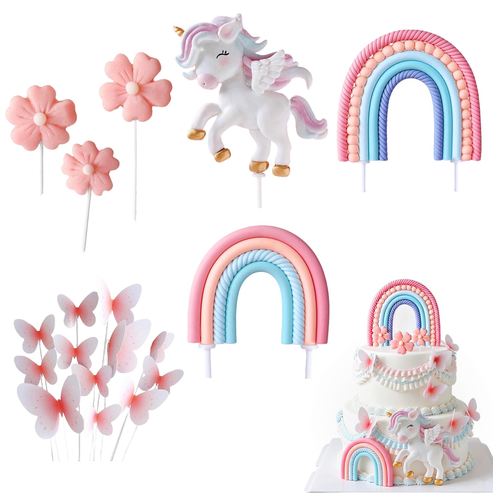 TENGWA 18 PCS Unicorn Cake Topper 3D Topper Rainbow Cake Features Unicorns Rainbows Flowers Butterflies Suitable for Boys and Girls