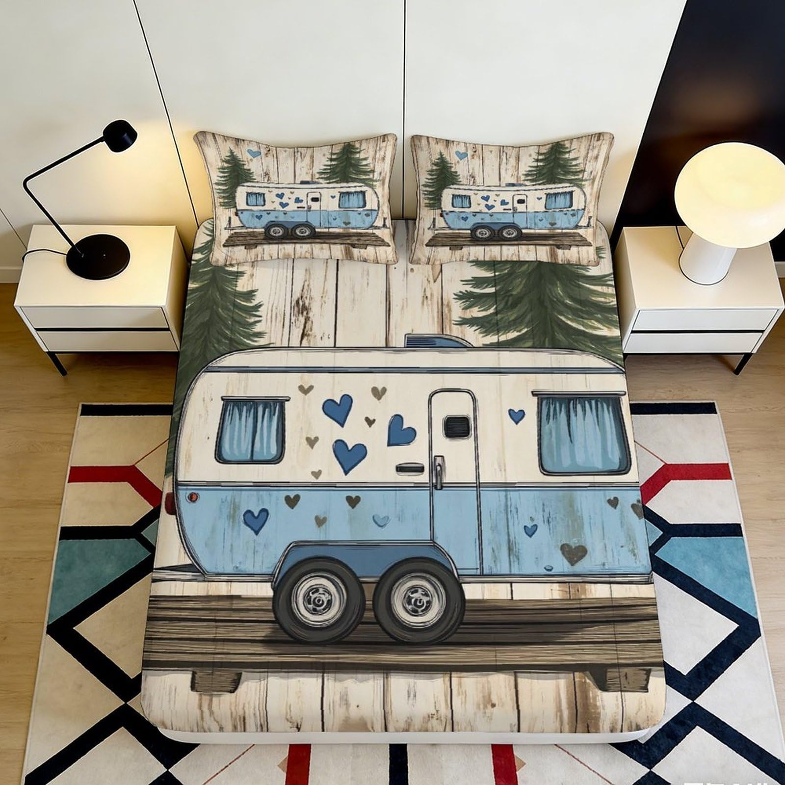 3D Printed Blue Caravan Camper Fitted Sheet Microfiber Anti-Slip Mattress Cover for Bedroom Guest Room Decor 180x200x25cm