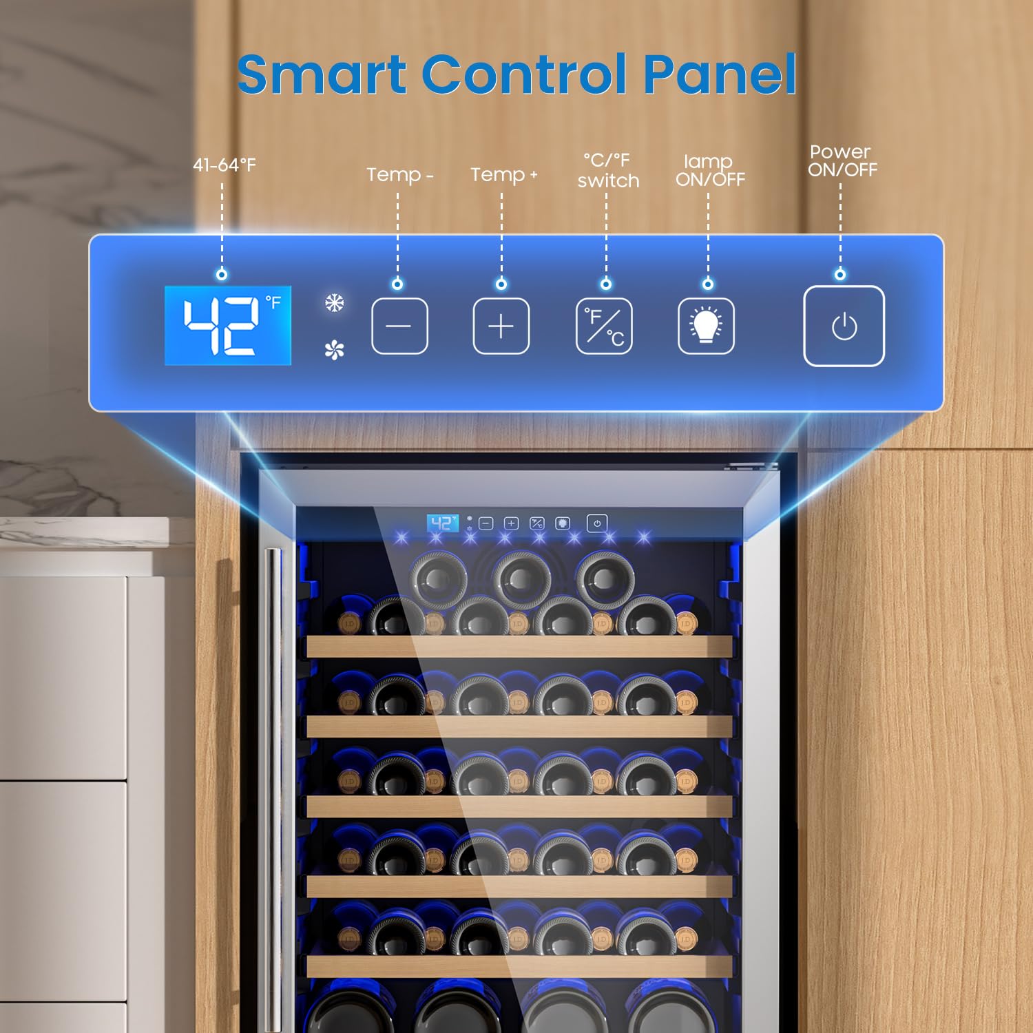 24 Inch Wine Fridge, 54 Bottles Wine Refrigerator With Reversible Door, 41–64°F Temp Control, Built-In Or/Freestanding Under Counter Wine Fridge, Adjustable Shelves & Low Noise For Home Kitchen Bar on Fridge.com - View 5