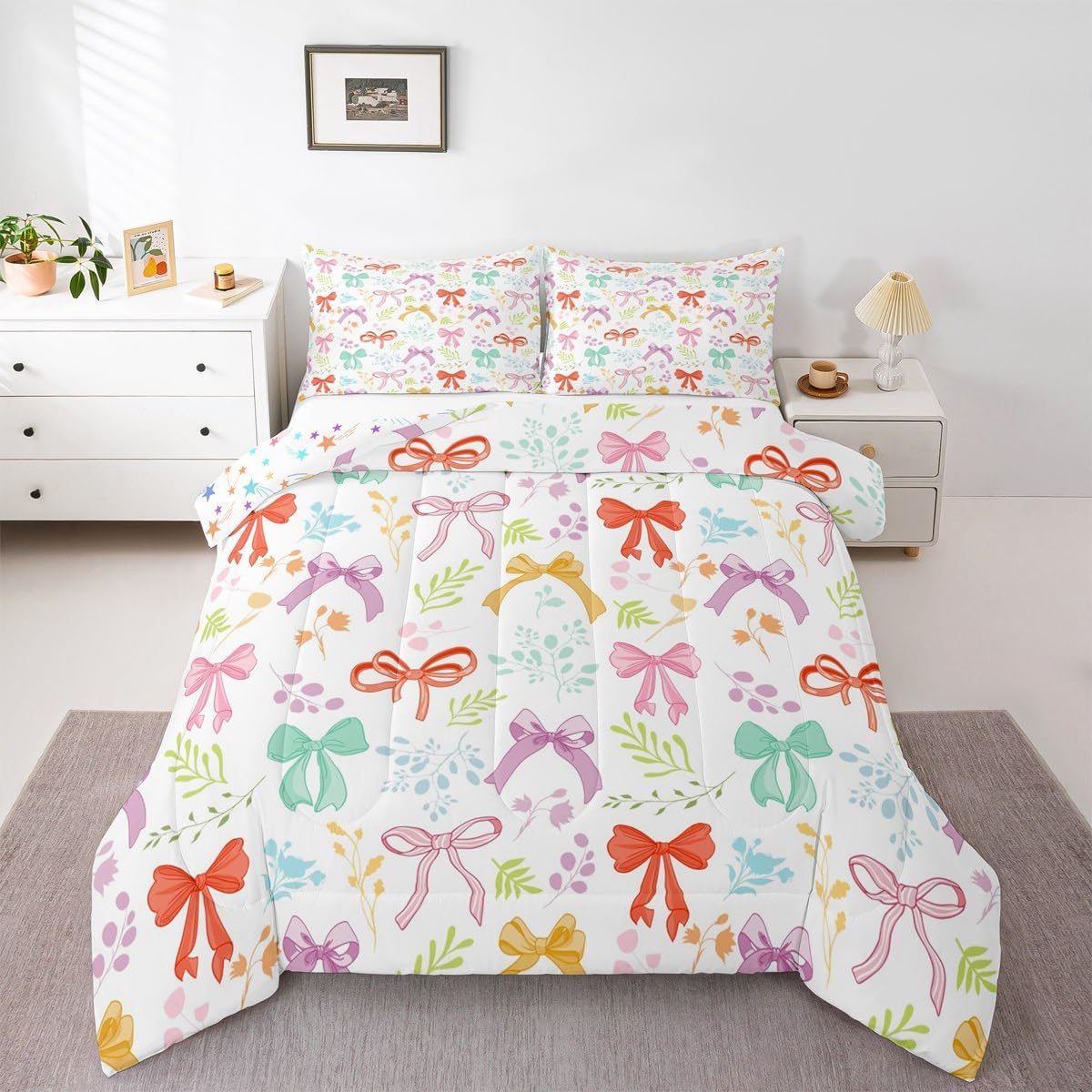 Erosebridal Cute Girly Bow Bedding Set Dreamy Princess Twin Comforter Set for Girls Coquette Bowknot Kawaii Comforter Watercolor Multicolor Bow Leaves Bed Set for Kids Teen Women