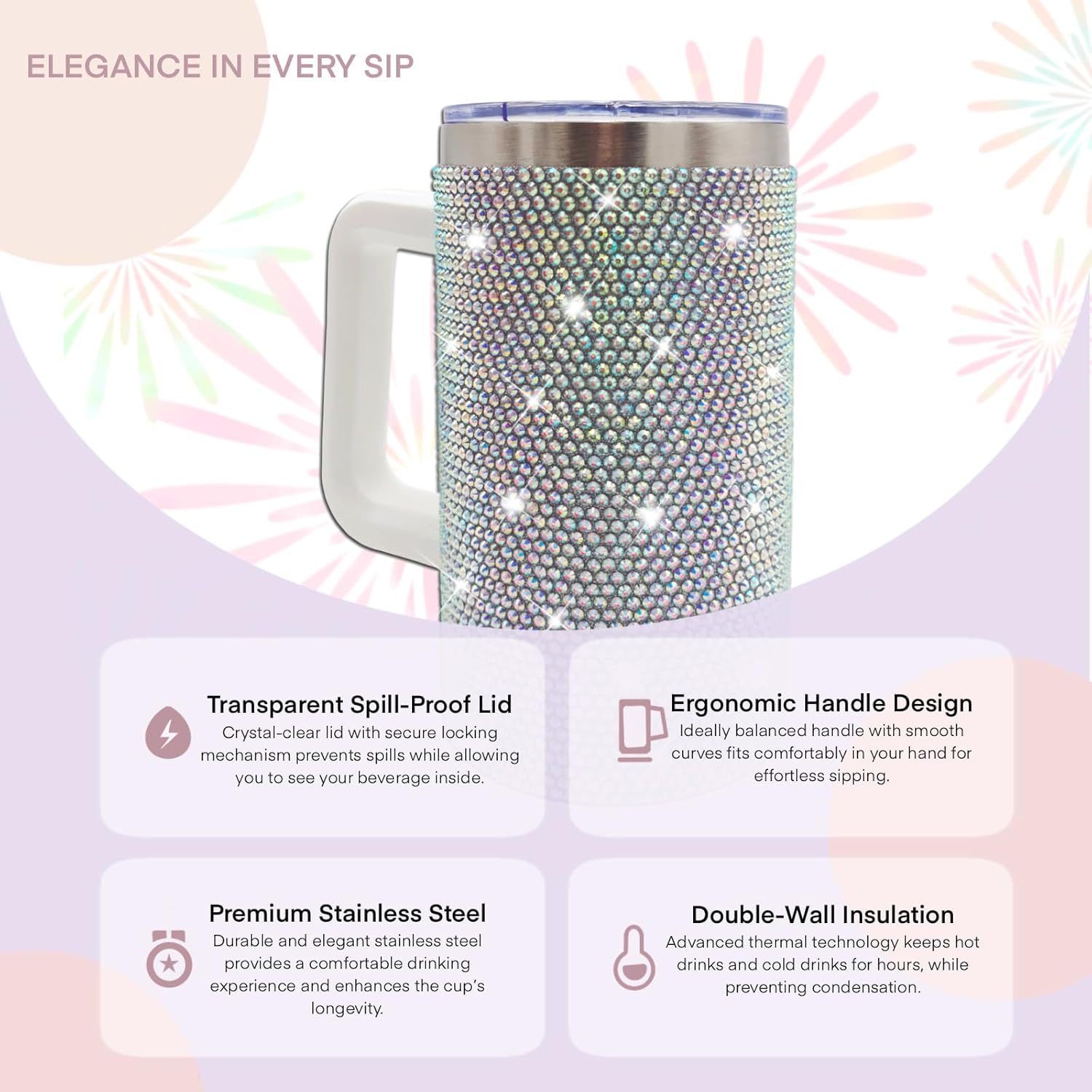 20oz Bling Tumbler With Handle Stainless Steel Rhinestone Insulated Cup with Lid and Straw Double Wall Vacuum Coffee Cup Reusable Glitter Travel Coffee Mug for Cold and Hot (Aurora White) - Image 4