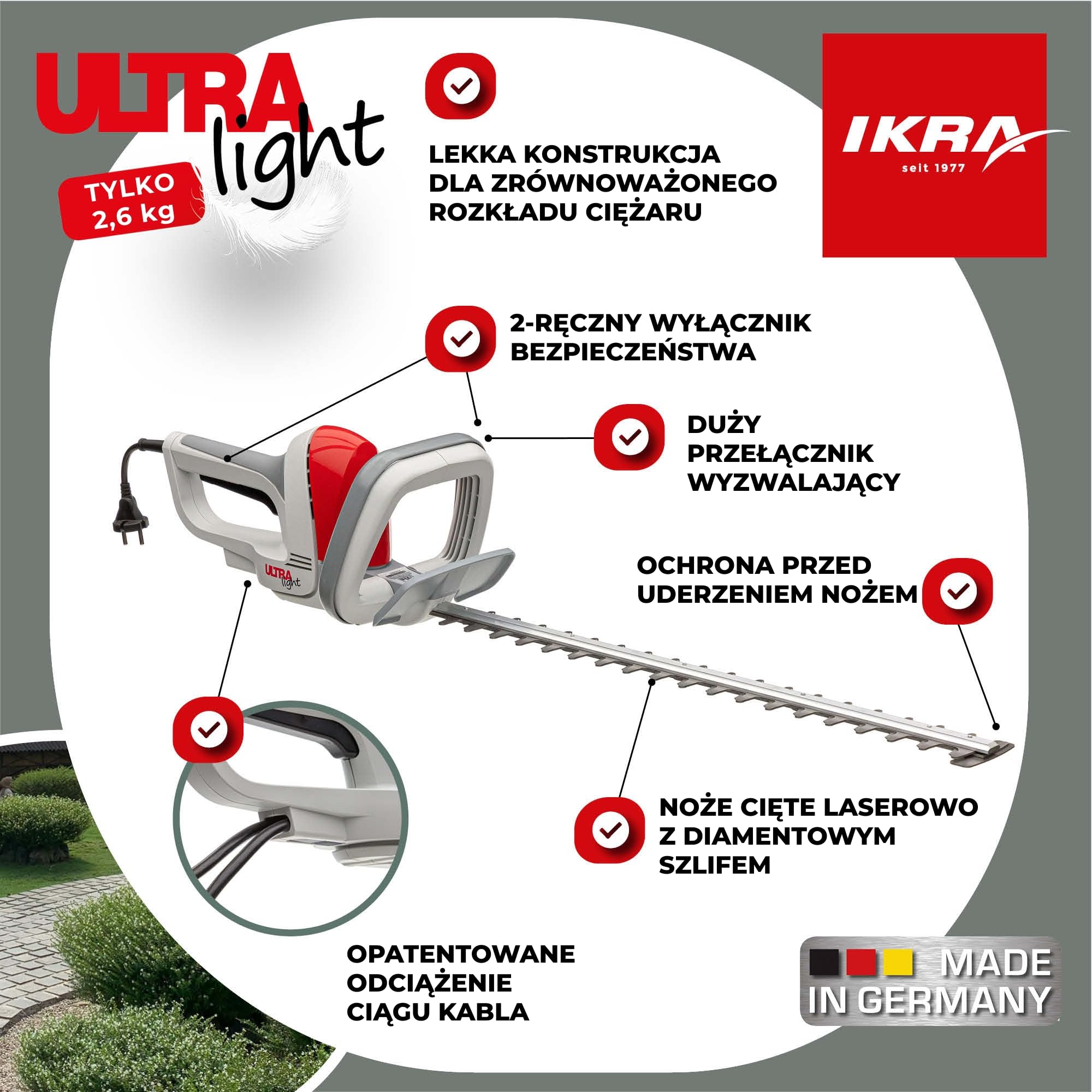 IKRA Nożyce elektryczne do żywopłotu FHS 1555, 550W,ultralekkie 2,6kg | Długość cięcia 55 cm, zabezpieczenie przed przeciążeniem i blokadą, ultralekka przekładnia, ergonomiczna konstrukcja