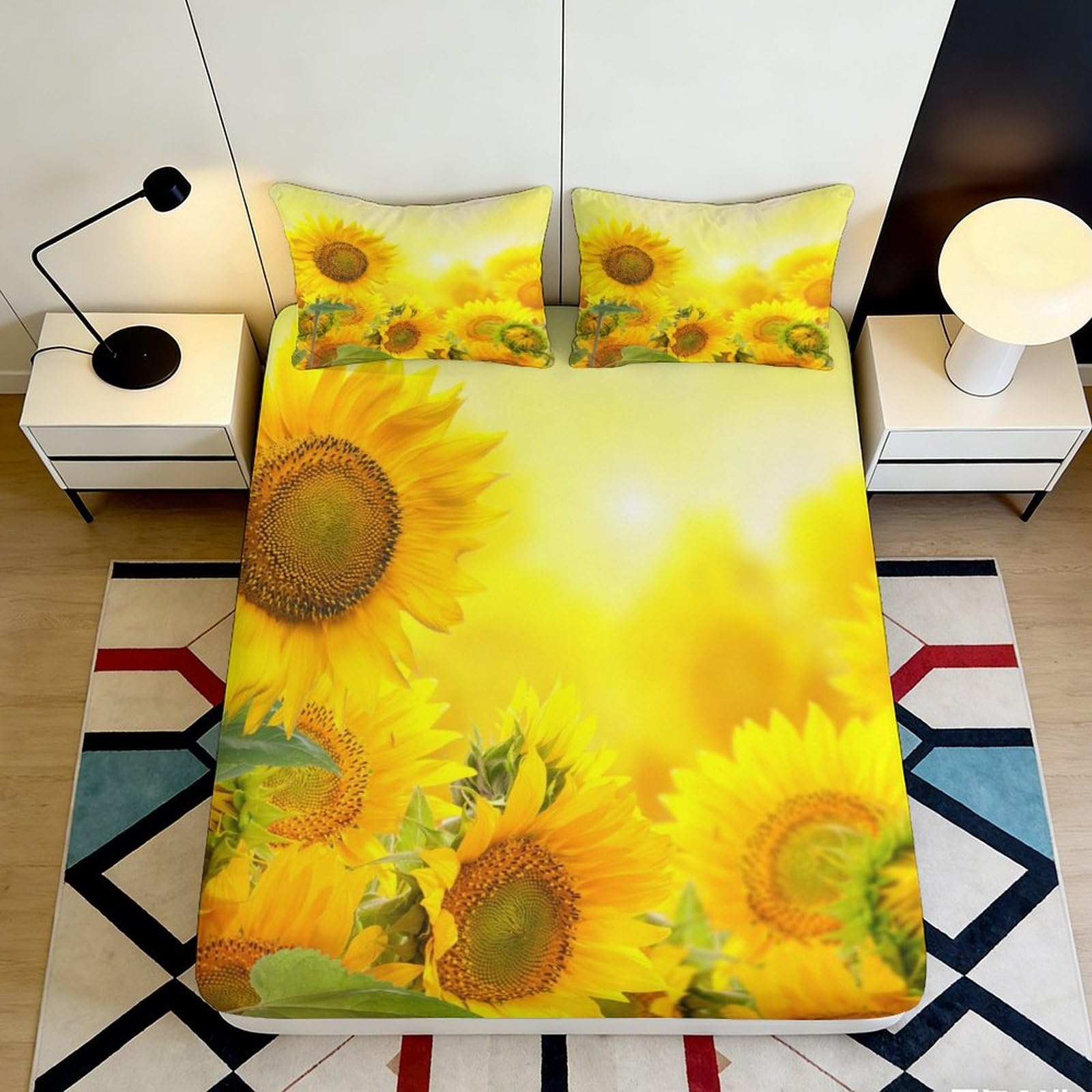 3D Printed Sunflower Fitted Sheet Microfiber Deep Pocket Non-Slip Bedroom Bedding Sunflower Mattress Fitted Cover for Adults 90x200x25cm