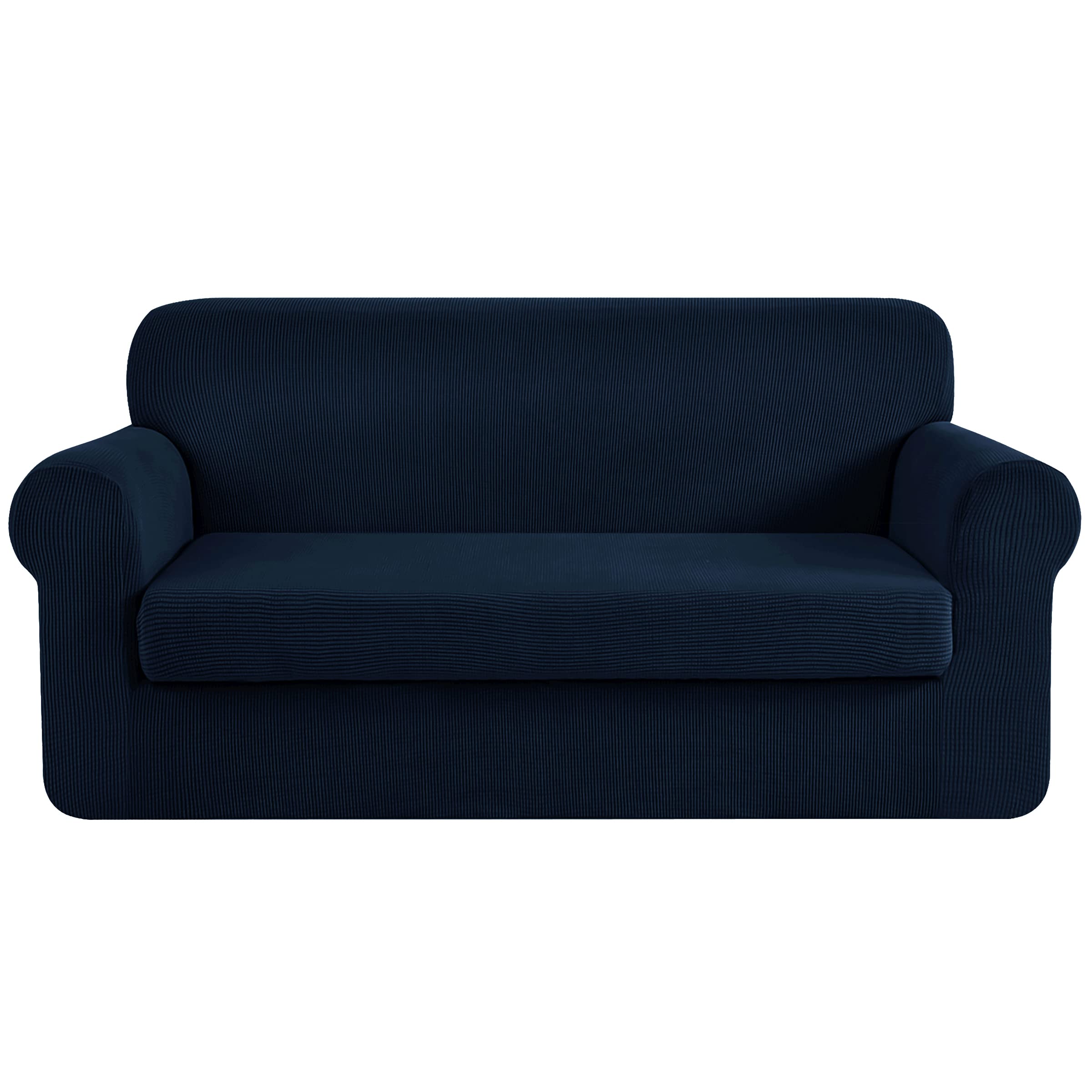 CHUN YI Stretch Loveseat Sofa Slipcover 2 Piece Sofa Cover, 2 Seater Couch Slipcover Coat Soft Washable Furniture Covers with Elastic Bottom, Checks Spandex Jacquard Fabric, Medium, Dark Blue/Navy