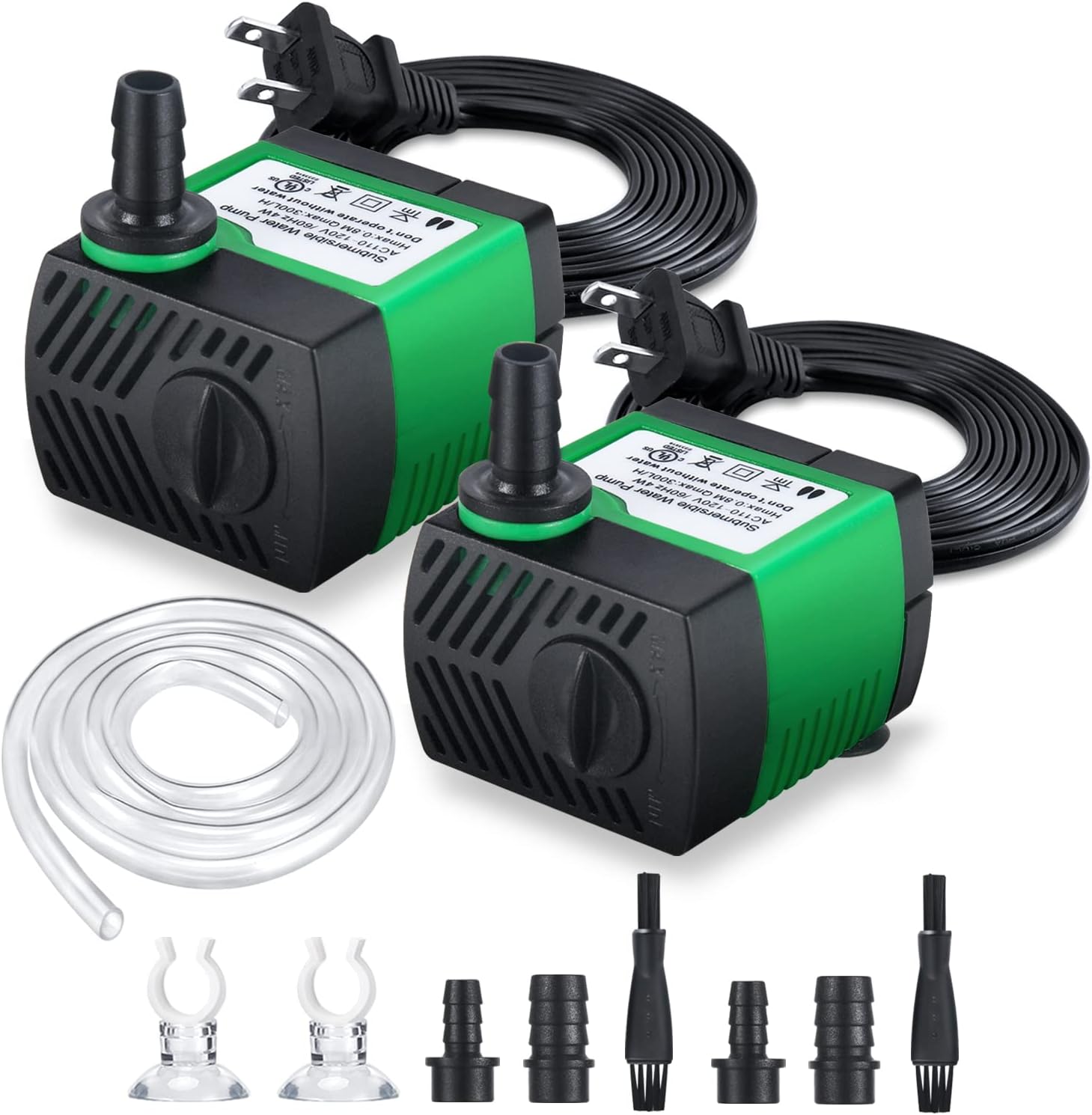 Fountain Pump, 2 Packs 80GPH (4W 300L/H) Water Fountain Pump, Outdoor Submersible Fountain Pump with 4.9ft Tubing (ID x 1/3-Inch), 3 Nozzles for Aquarium, Pond, Fish Tank, Water Pump Hydroponics