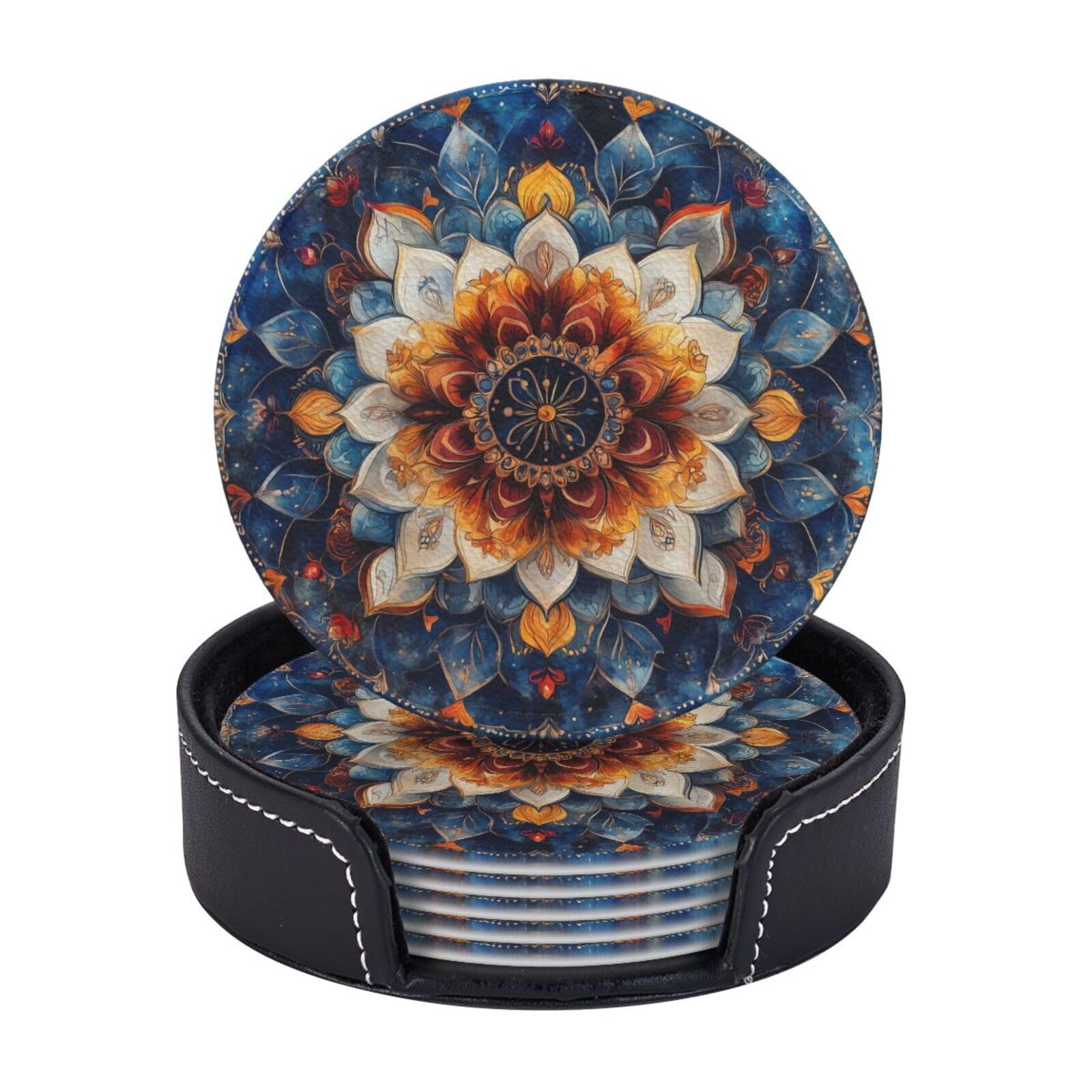 6 Pack Southwest Tribal Leather Coasters for Drinks with Holder Vintage Ethnic Floral Aztec Navajo Coasters Drink Table Cup Mat for Kitchen Dining Cafe Decor Round