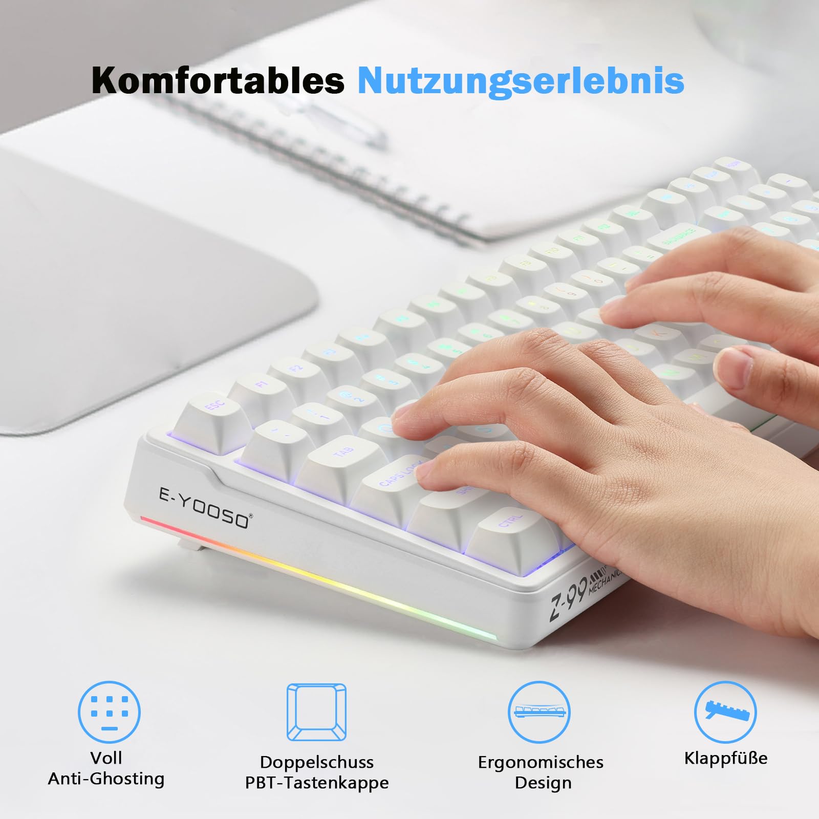 E-Yooso Z-99 Tastiera Meccanica Gaming 99 Tasti – Hot Swappable, Interruttori Lineari, Struttura Gasket, RGB, USB-C