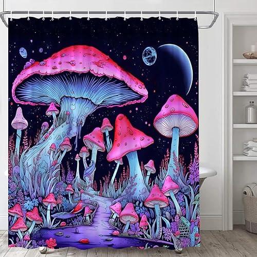 Cortina de ducha de hongos de fantasía, morados, arbustos altos, hongos, espacio exterior negro, luna llena, cielo estrellado, planeta, cuentos de