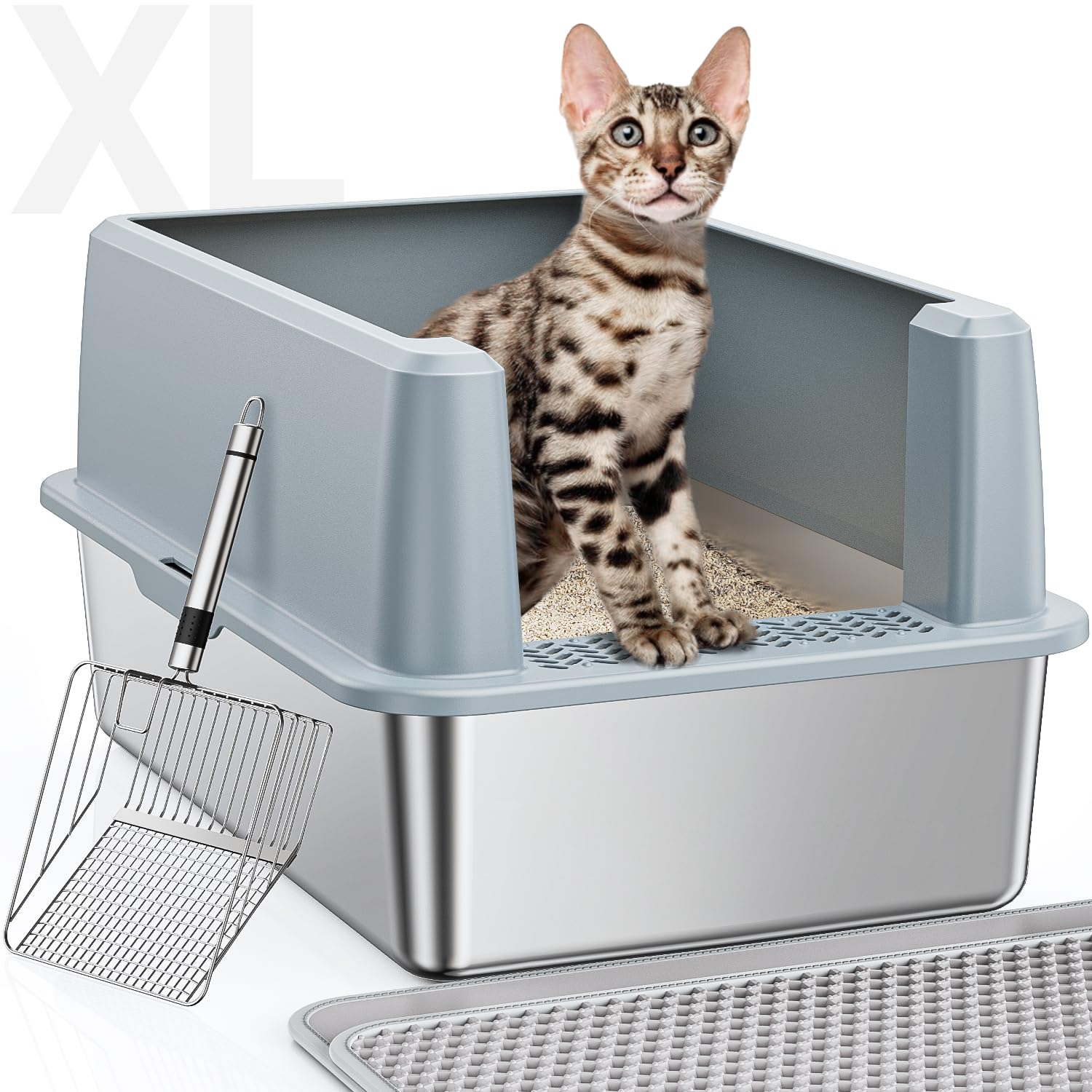 PEDIBAT XL Stainless Steel Litter Box, Large Metal Cat Litter Box with High Sided for Big Cats, Enclosed Litter Boxes with Lid, Easy-Clean Cat Litter Mat & Scoop Kit, Non Sticky, Anti-Urine Leakage