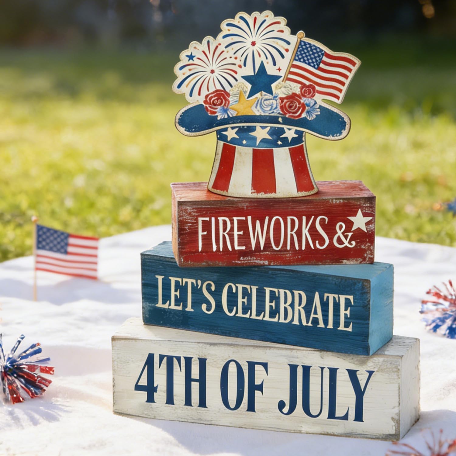 4th of July Table Decorations Patriotic Memorial Day Tiered Tray Decor Wooden Fireworks Hat Block Signs Rustic Farmhouse 250th July Fouth Centerpiece for Tables Wooden Sign for Home Decor