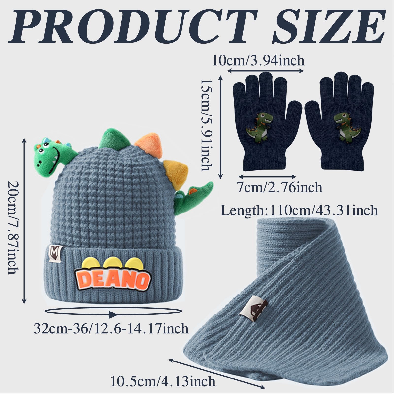 Conjunto Bufanda Gorro y Guantes Niño, Set de Gorra Bufanda Guantes Termicos Niño, 3 en 1 de Punto Gorras Beanie Bufandas Guante Termico, Diseño de Dinosaurios Lindo Gorros Scarf Winter Gloves