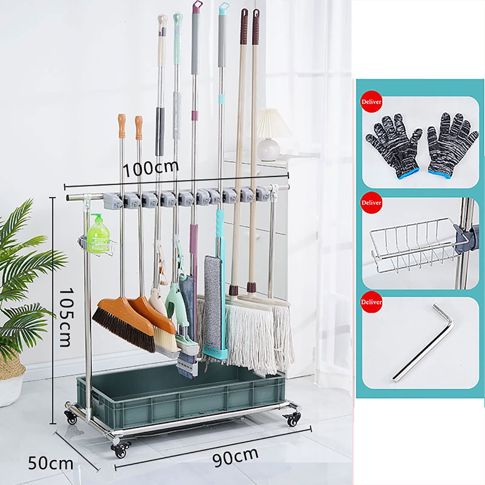 Porta Mop Con Vassoio Di Scarico, Carrello Porta Brom Mobili Per Gli Strumenti Di Pulizia, Organizzatore In Acciaio Inox Heavy Duty Con Freni, Ripiano Di Stoccaggio Resistente Alle Intemperie Per Gara