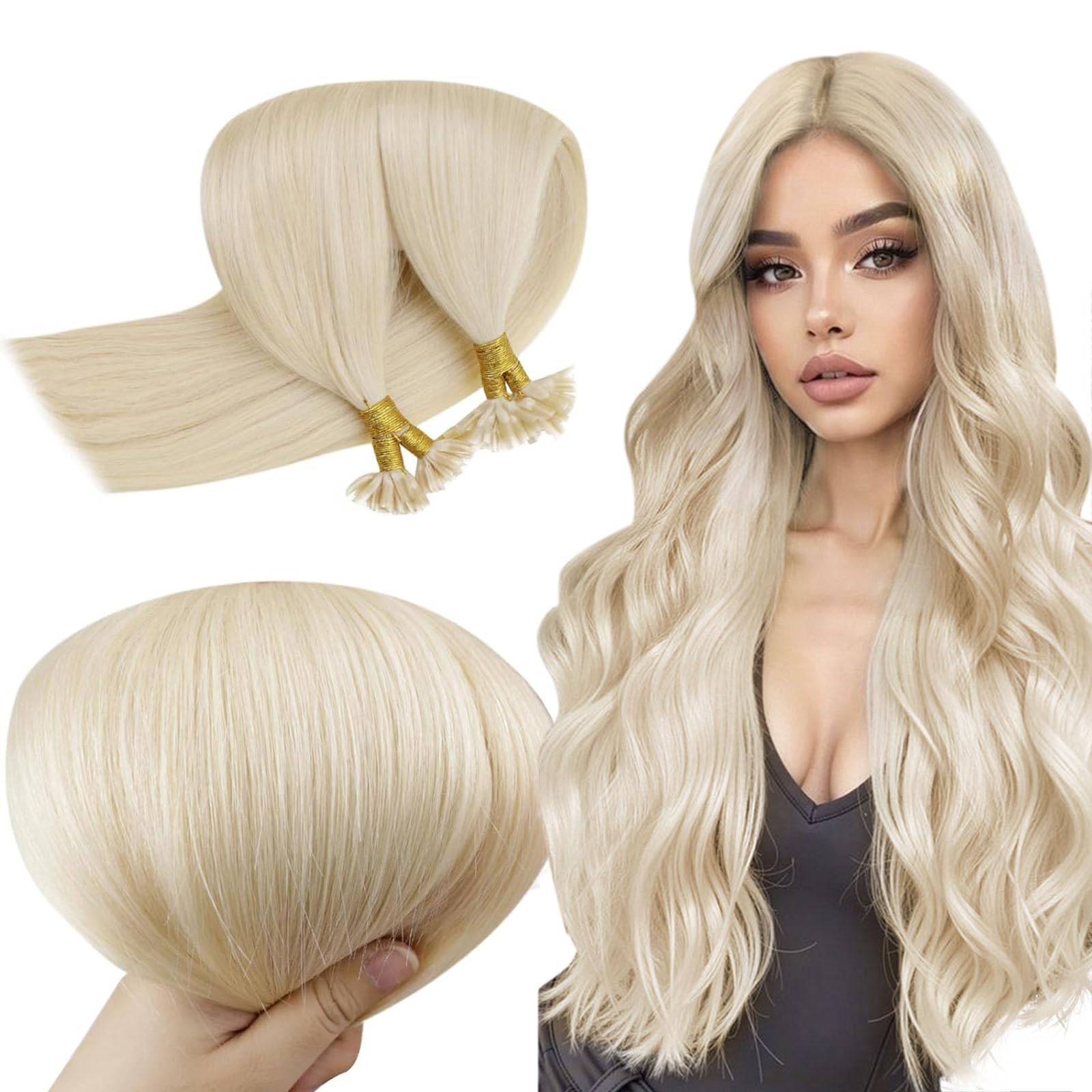 RUNATURE Bonding Extensions Echthaar 60cm Blond Extensions Echthaar Bondings 1g/s Menschliches Haar 50 Strähne Echthaar Extensions Bondings Platinblond Haarextensions #60