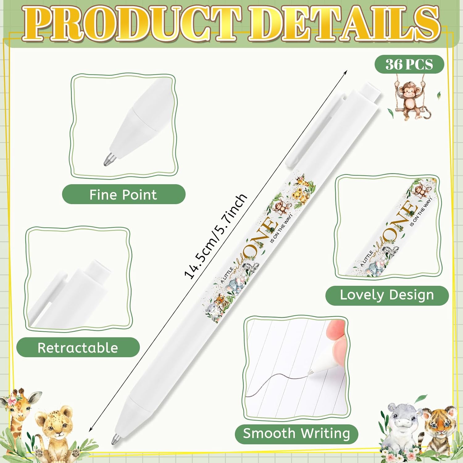 Ireer 36 Pcs Safari Animals Baby Shower Pens Gifts Bulk Party Favors for Guests Games Neutral Gender Reveal Favors Baby Shower Prizes Souvenirs Gift Bags Stuffer Supplies