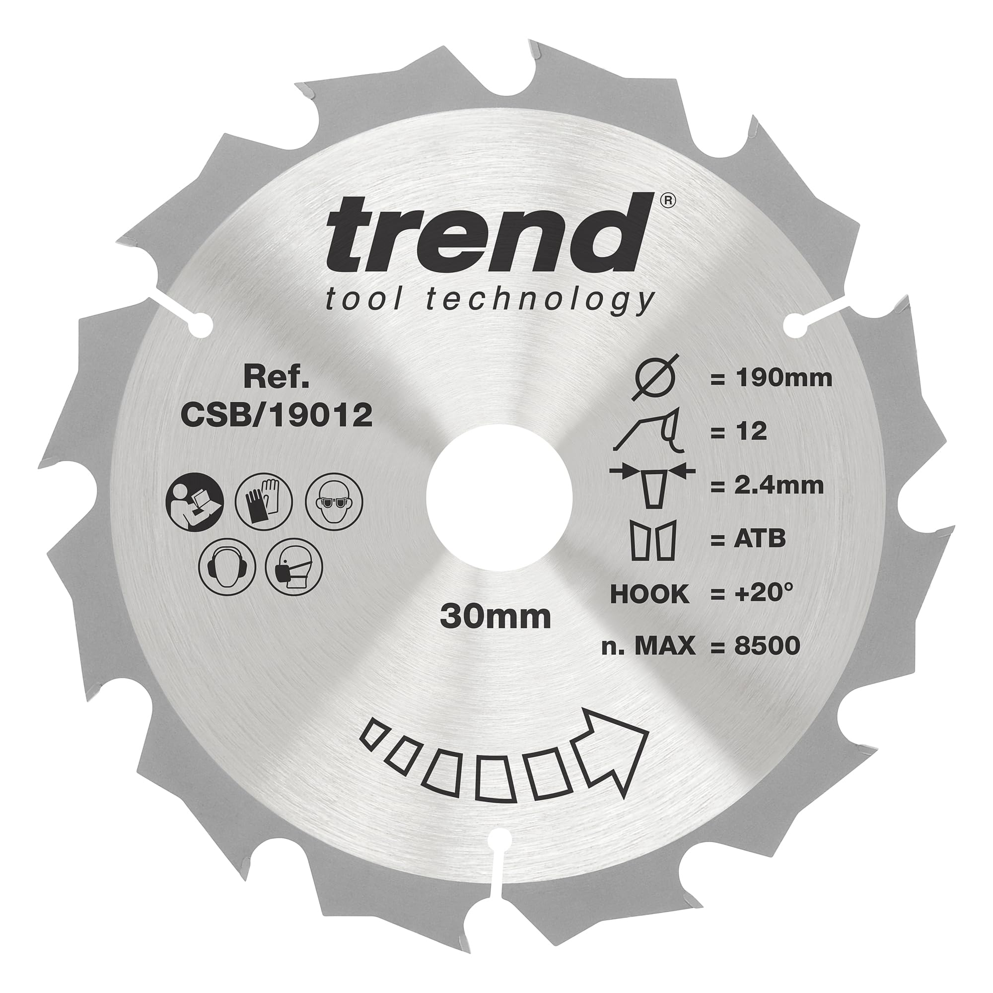 Trend 190Mm X 12 Teeth X 30Mm Bore Wood Circular Saw Blade, 190Mm Diameter, 30Mm Bore, 12 Teeth, 2.4Mm Kerf, +20° Hook, Tct, Coarse Finish, Csb/19012