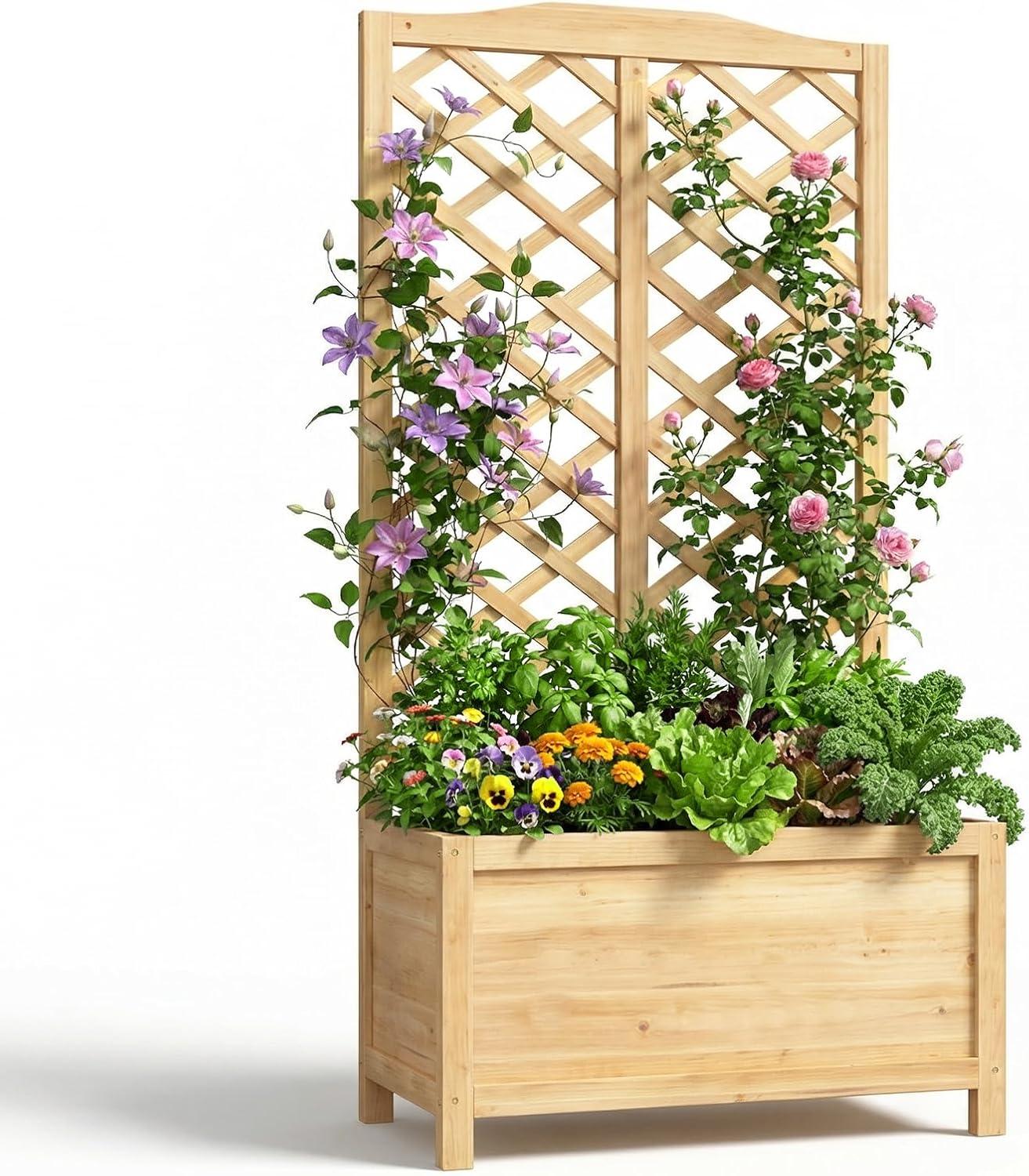 Wooden Raised Garden Bed with Trellis, Freestanding Planter Box with Drainage for Vines Climbing Plants Flowers Herbs, Elevated Gardening Planter for Backyard Balcony Patio