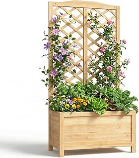 Wooden Raised Garden Bed with Trellis, Freestanding Planter Box with Dra...