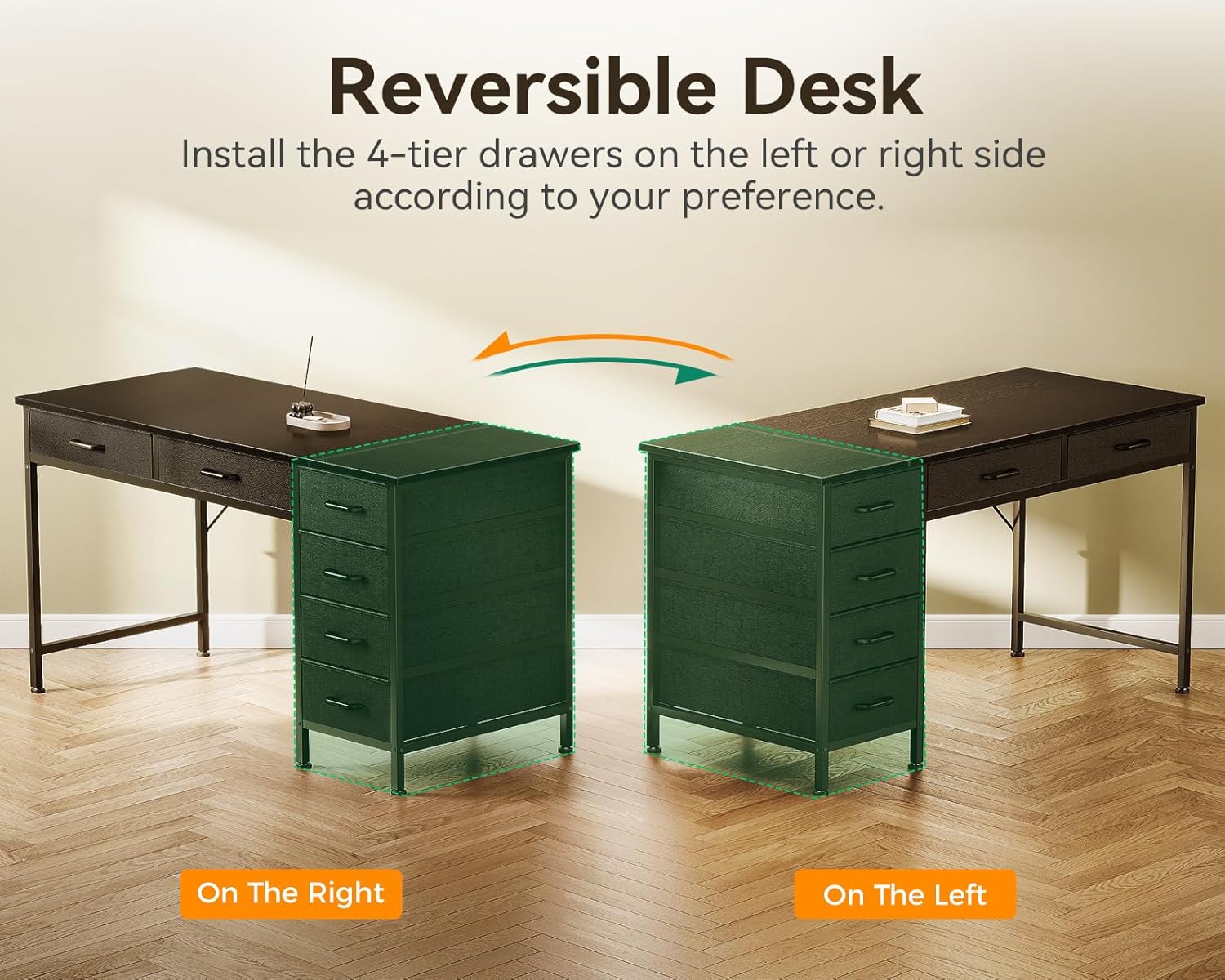 Diagram illustrating the reversible design of the desk, showing the drawer unit configurable on either the left or right side.