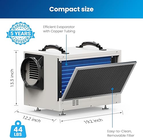 Miniatura 7 de BaseAire - Deshumidificador de espacio de arrastre, deshumidificadores de 113 pintas con manguera de drenaje para sótano, comercial, industrial,